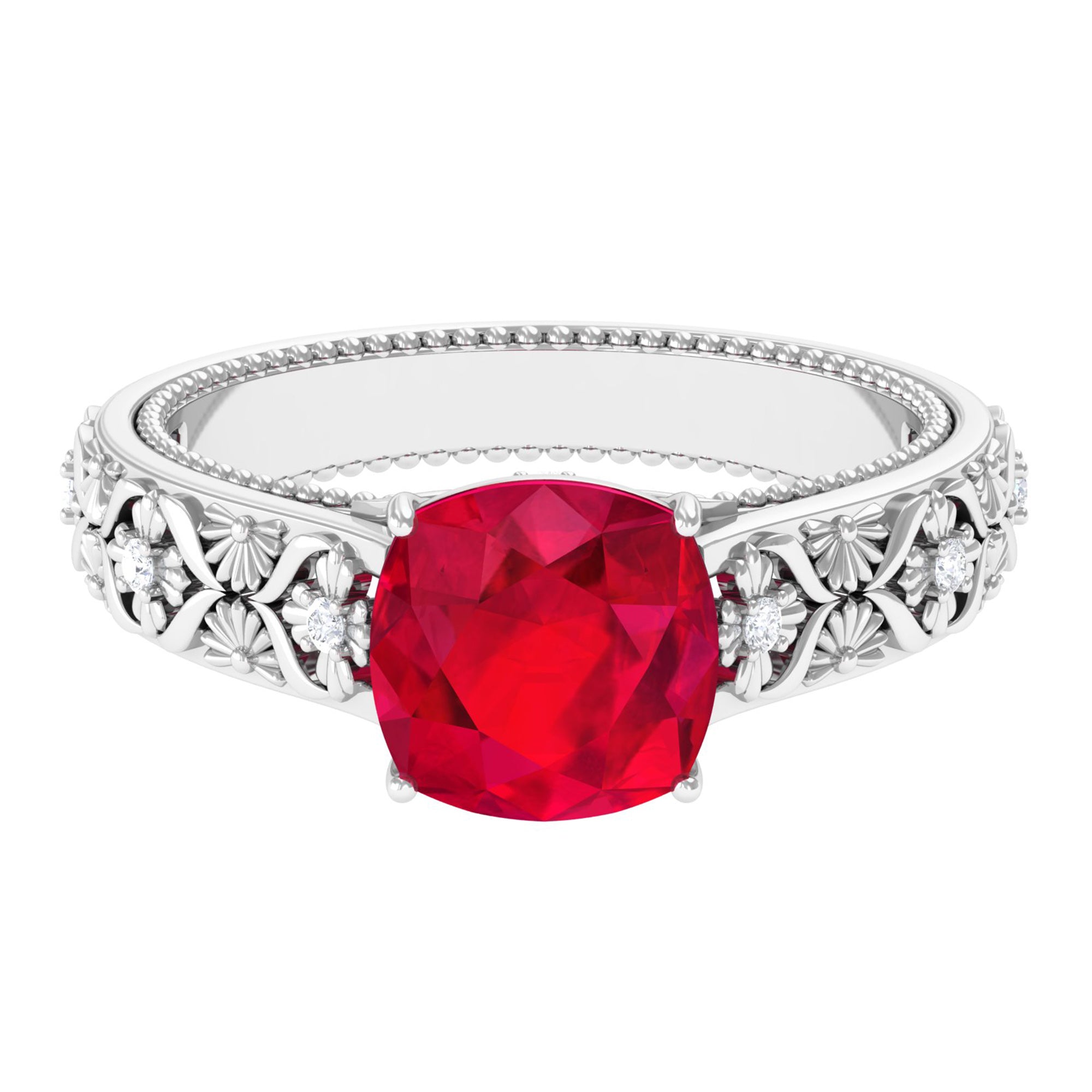 Rosec Jewels-Cushion Cut Lab Grown Ruby Floral Engagement Ring with Diamond