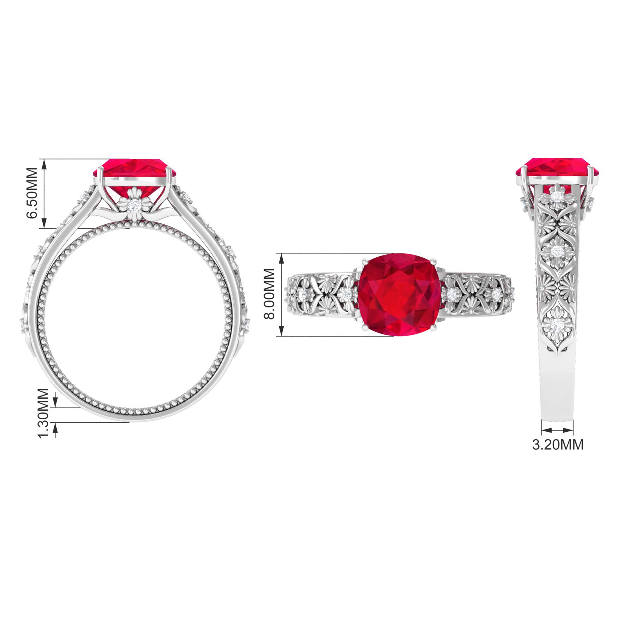 Rosec Jewels-Cushion Cut Lab Grown Ruby Floral Engagement Ring with Diamond