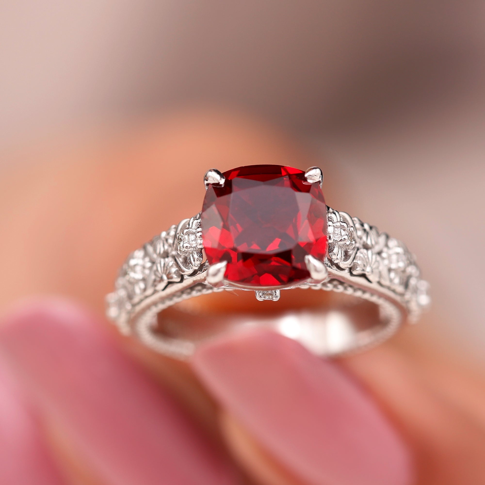 Rosec Jewels-Cushion Cut Lab Grown Ruby Floral Engagement Ring with Diamond