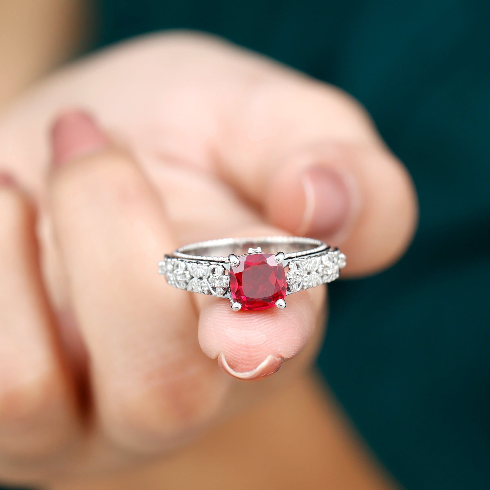 Rosec Jewels-Cushion Cut Lab Grown Ruby Floral Engagement Ring with Diamond