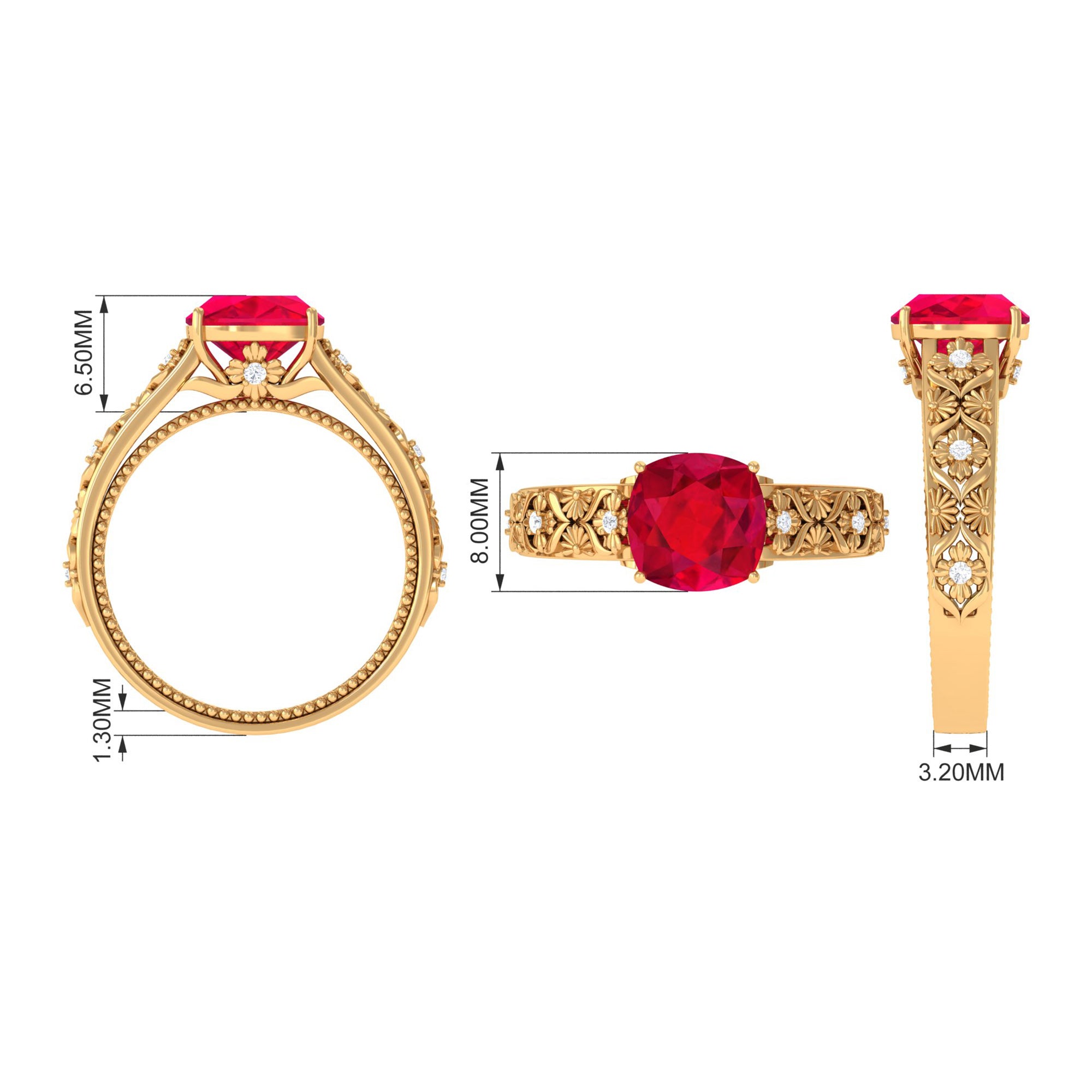 Rosec Jewels-Cushion Cut Lab Grown Ruby Floral Engagement Ring with Diamond