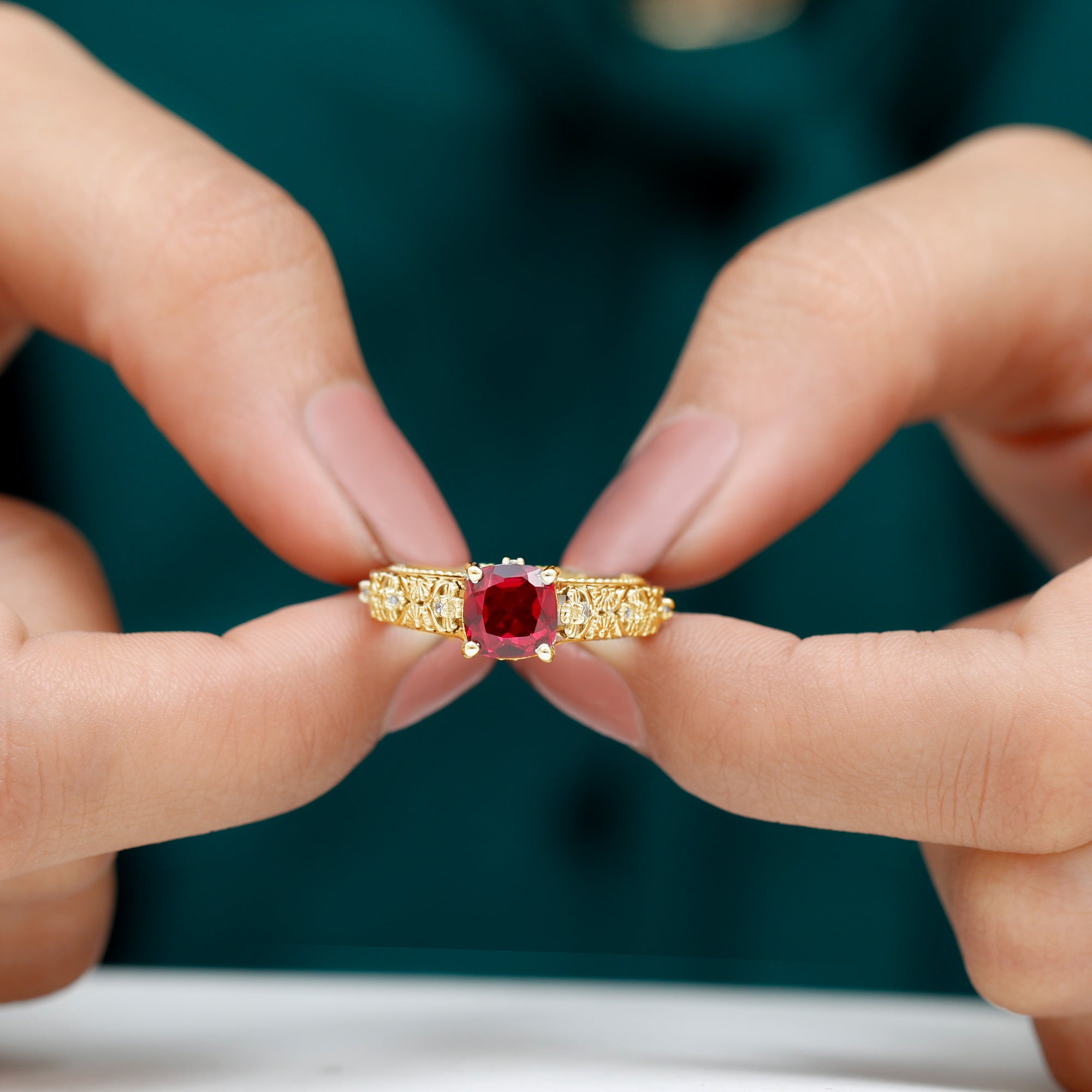 Rosec Jewels-Cushion Cut Lab Grown Ruby Floral Engagement Ring with Diamond