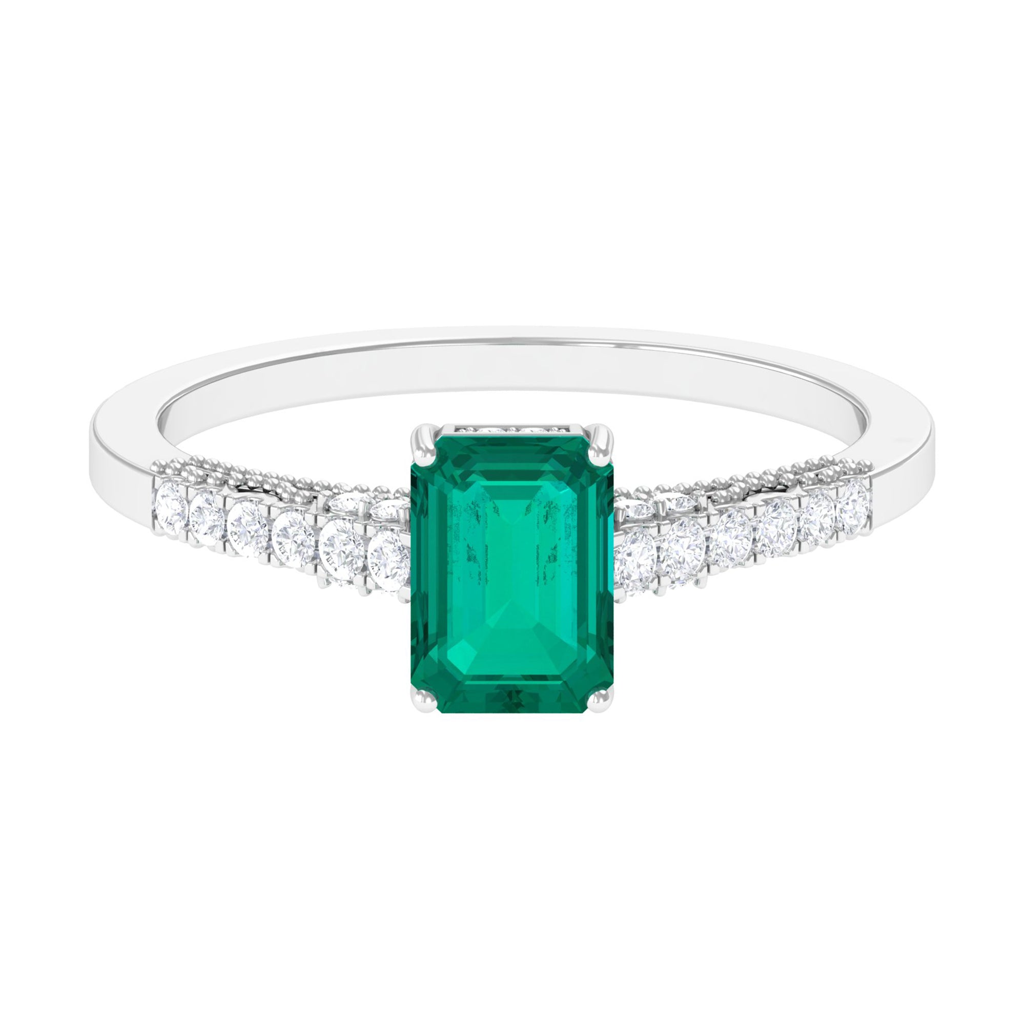 Rosec Jewels-1 CT Octagon shape Emerald Classic Engagement Ring with Diamond Side Stones