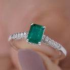 Rosec Jewels-1 CT Octagon shape Emerald Classic Engagement Ring with Diamond Side Stones