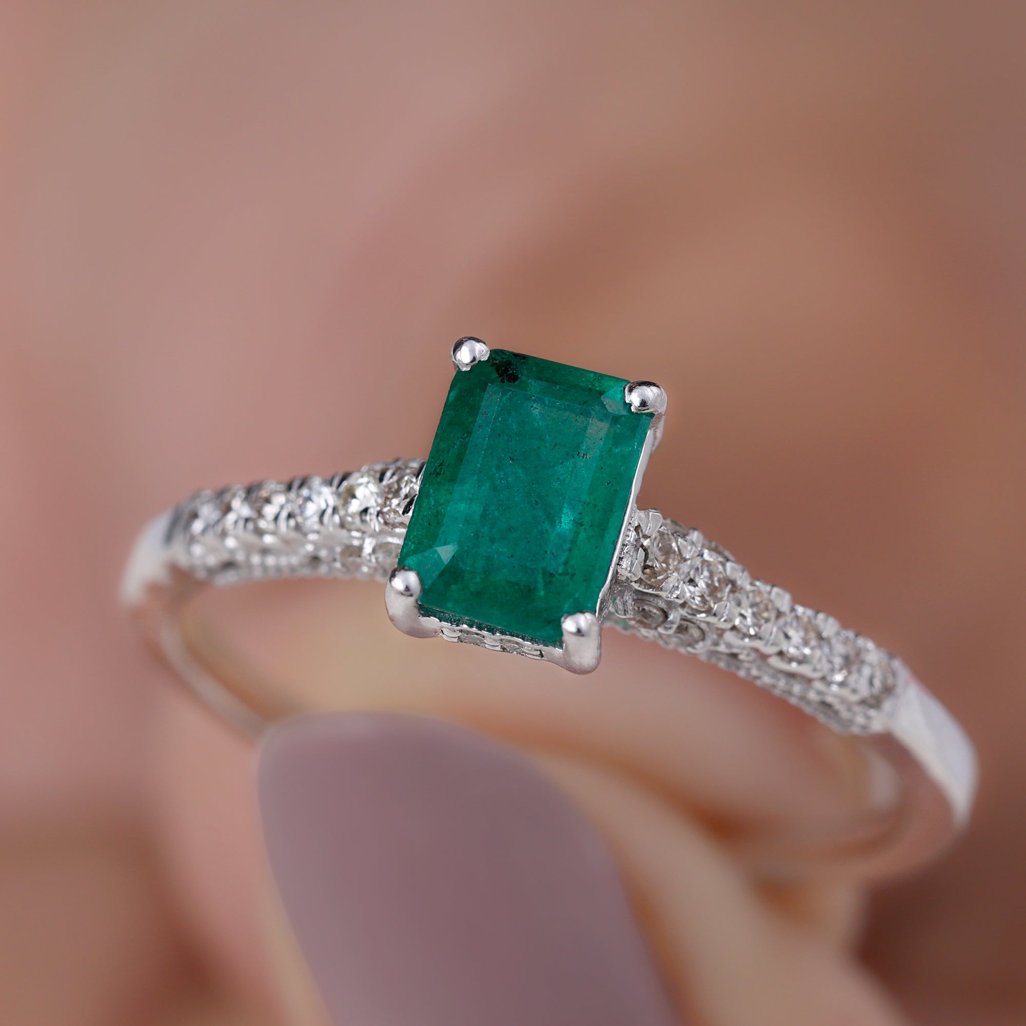 Rosec Jewels-1 CT Octagon shape Emerald Classic Engagement Ring with Diamond Side Stones