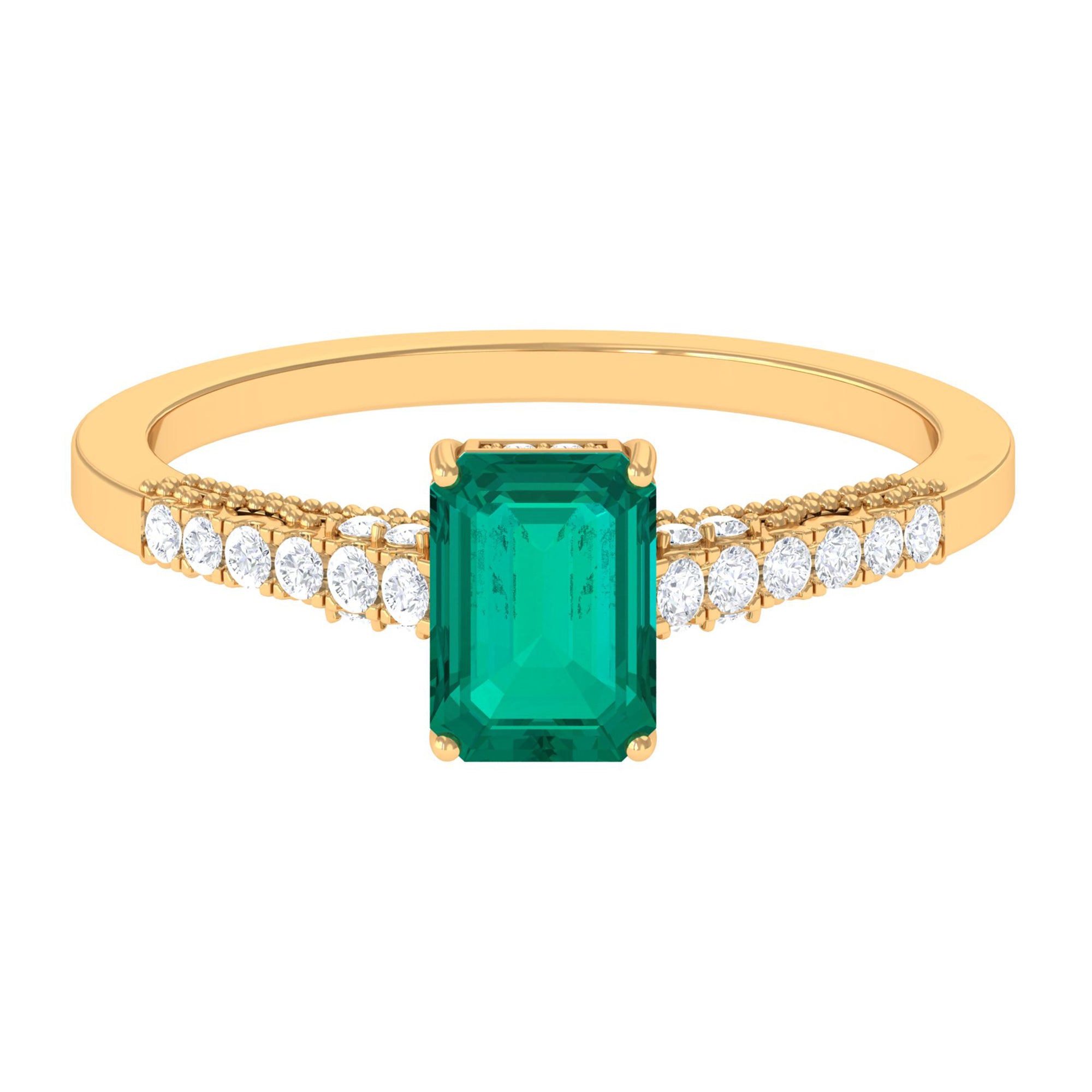 Rosec Jewels-1 CT Octagon shape Emerald Classic Engagement Ring with Diamond Side Stones