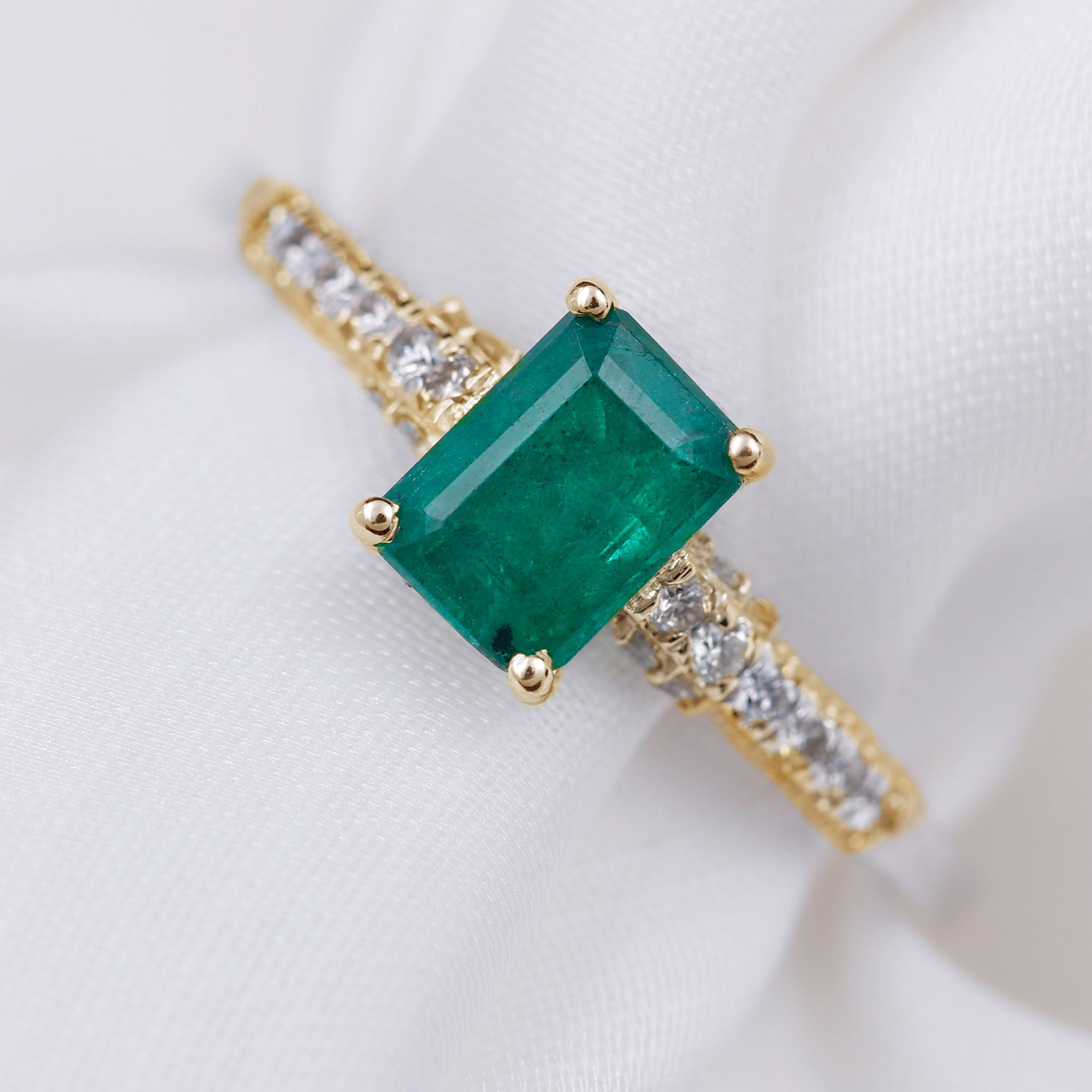 Rosec Jewels-1 CT Octagon shape Emerald Classic Engagement Ring with Diamond Side Stones