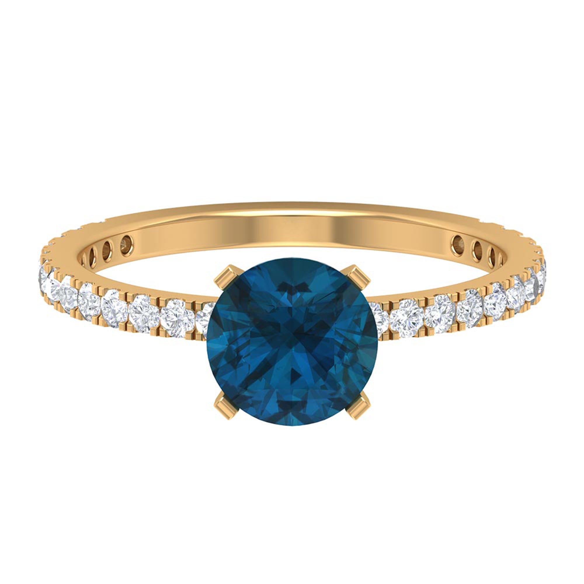 Rosec Jewels-2.25 CT London Blue Topaz Solitaire Ring with Diamond Side Stones