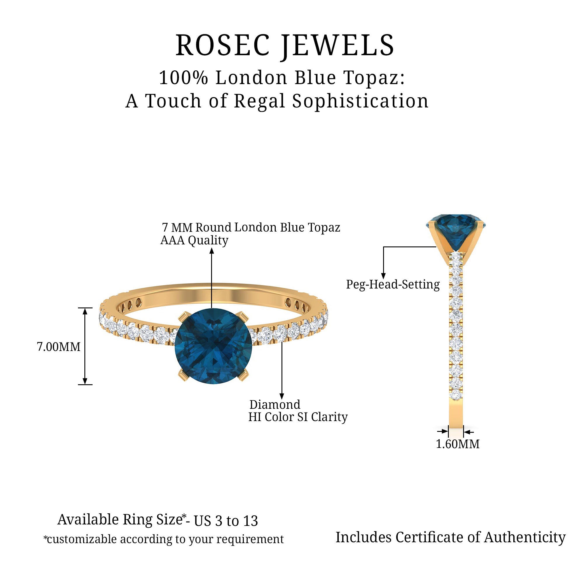 Rosec Jewels-2.25 CT London Blue Topaz Solitaire Ring with Diamond Side Stones