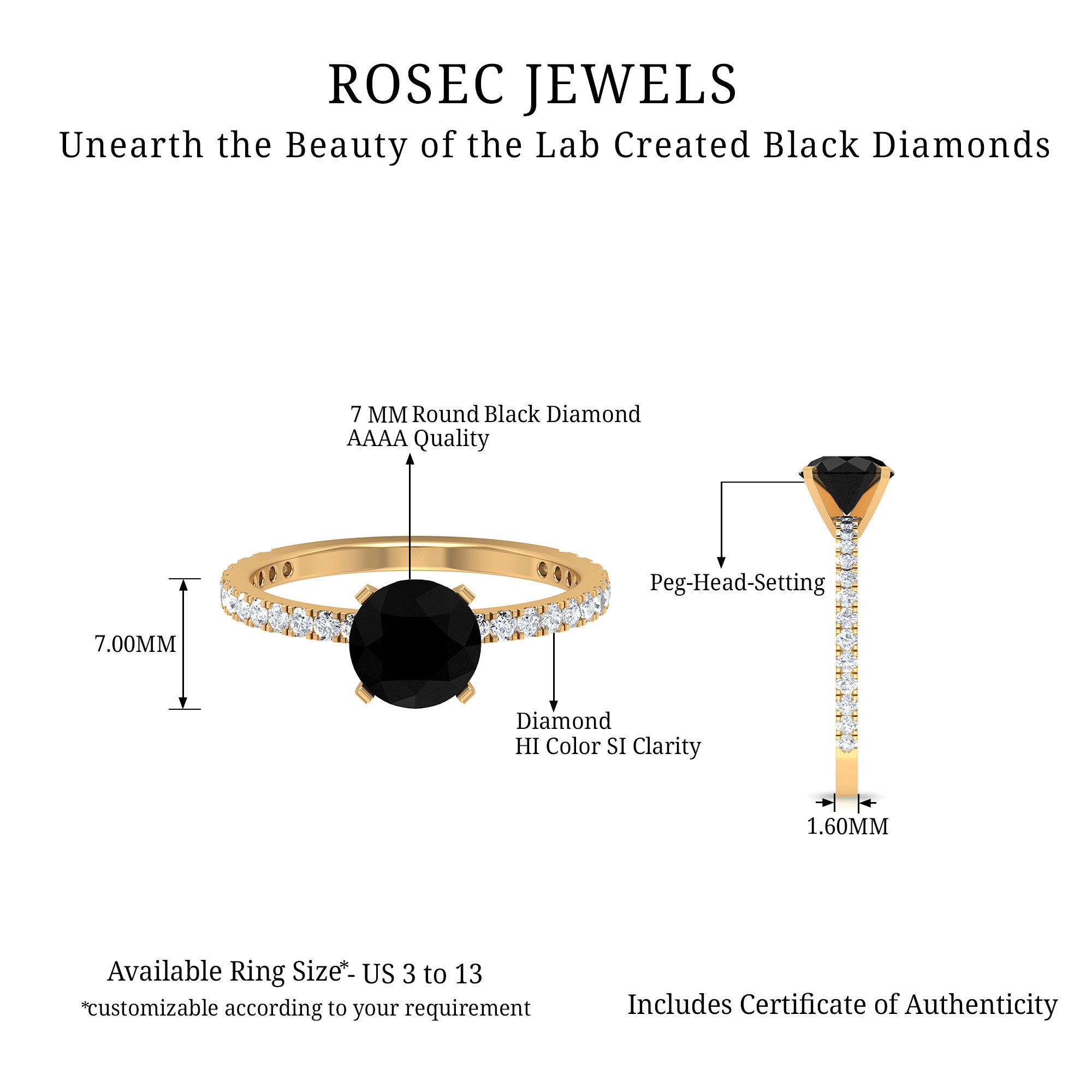 Rosec Jewels-2 CT Created Black Diamond Solitaire Ring with Side Stones