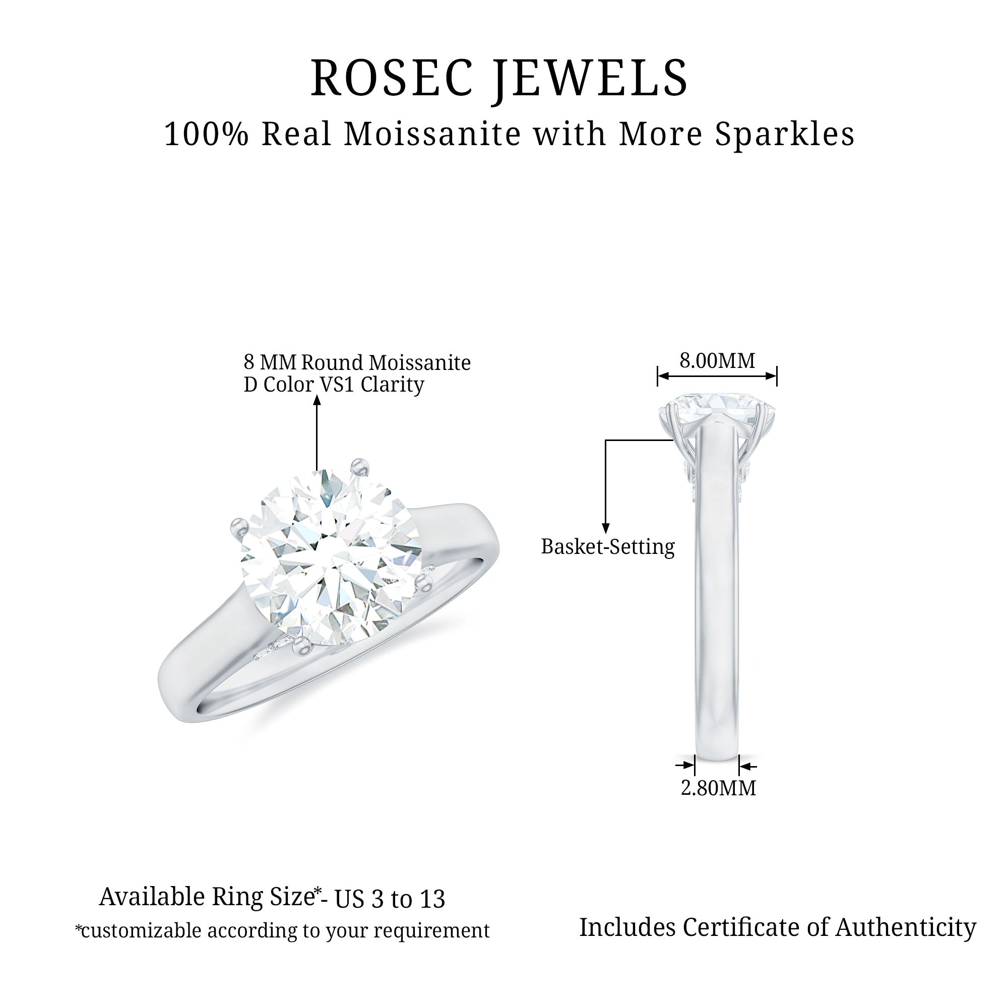 Rosec Jewels-8 MM Round Cut Solitaire and Hidden Moissanite Ring with Accented Bridge