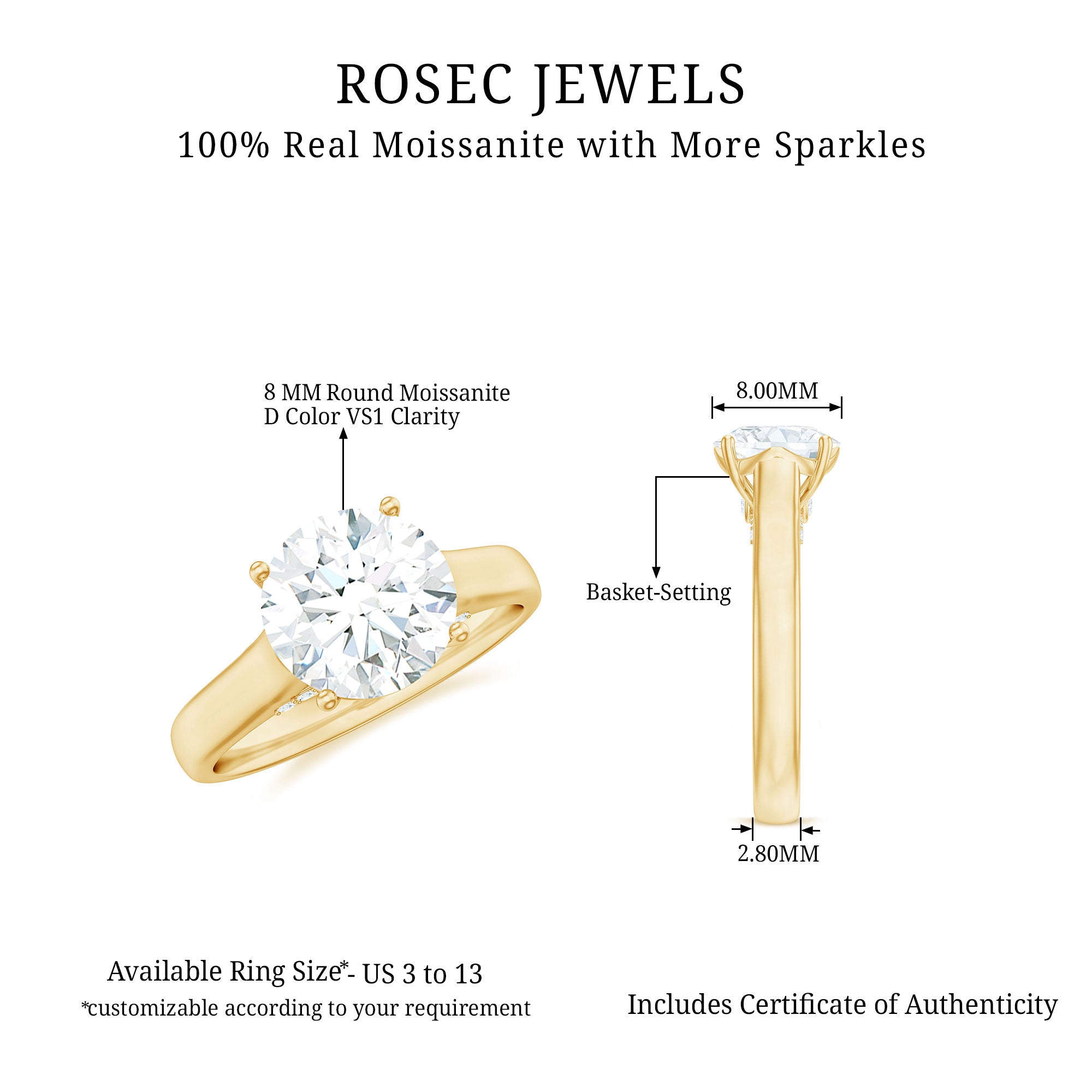 Rosec Jewels-8 MM Round Cut Solitaire and Hidden Moissanite Ring with Accented Bridge