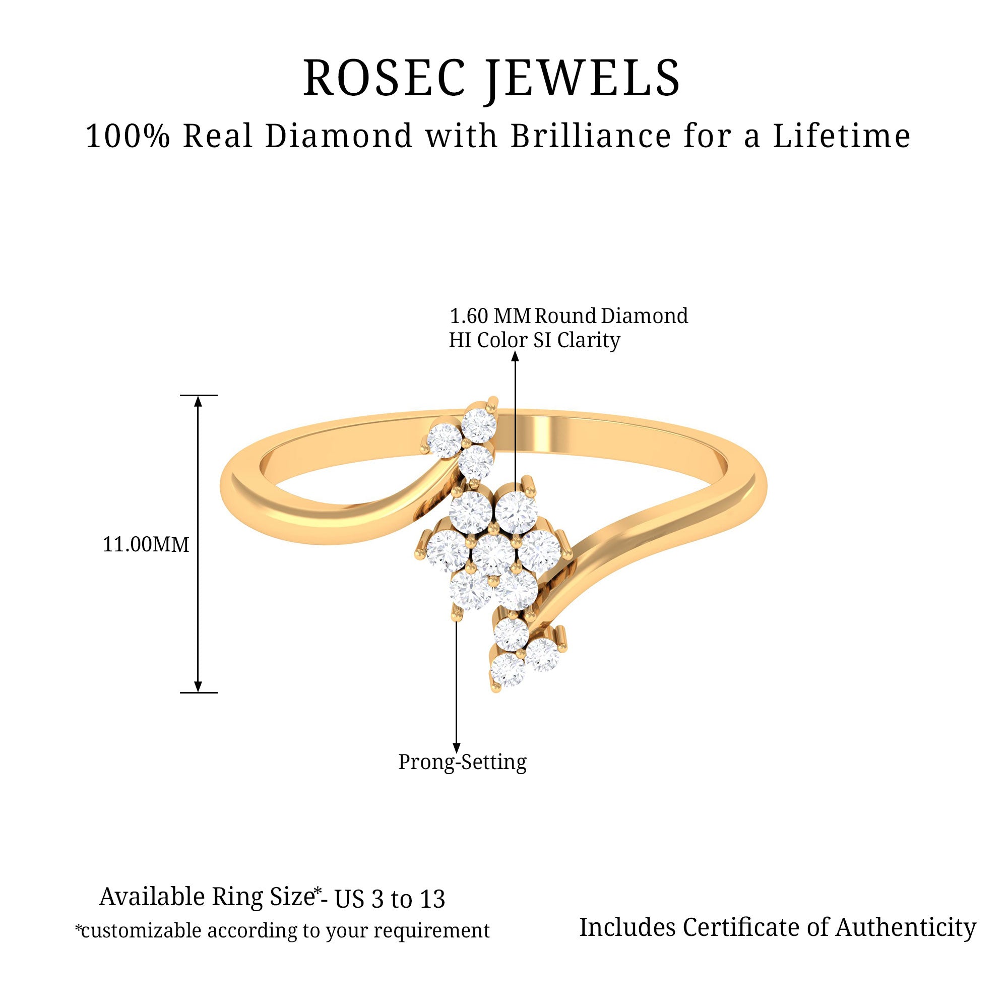 Rosec Jewels-1/4 CT Diamond Floral Cluster Bypass Ring in Gold