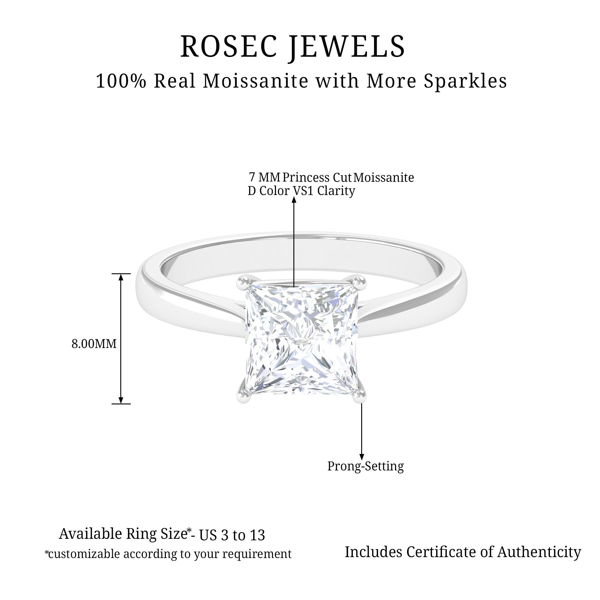 Rosec Jewels-7 MM Princess Cut Solitaire and Hidden Moissanite Ring