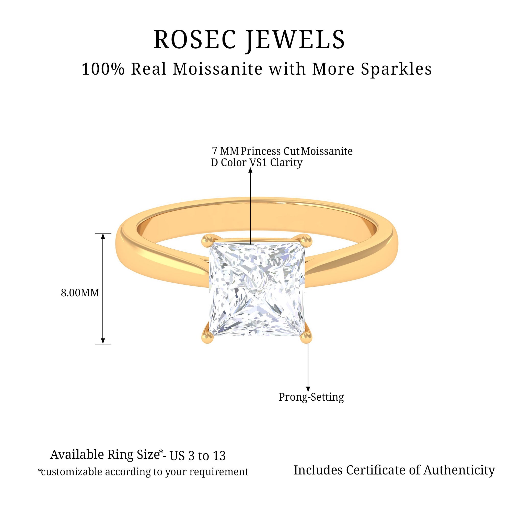 Rosec Jewels-7 MM Princess Cut Solitaire and Hidden Moissanite Ring