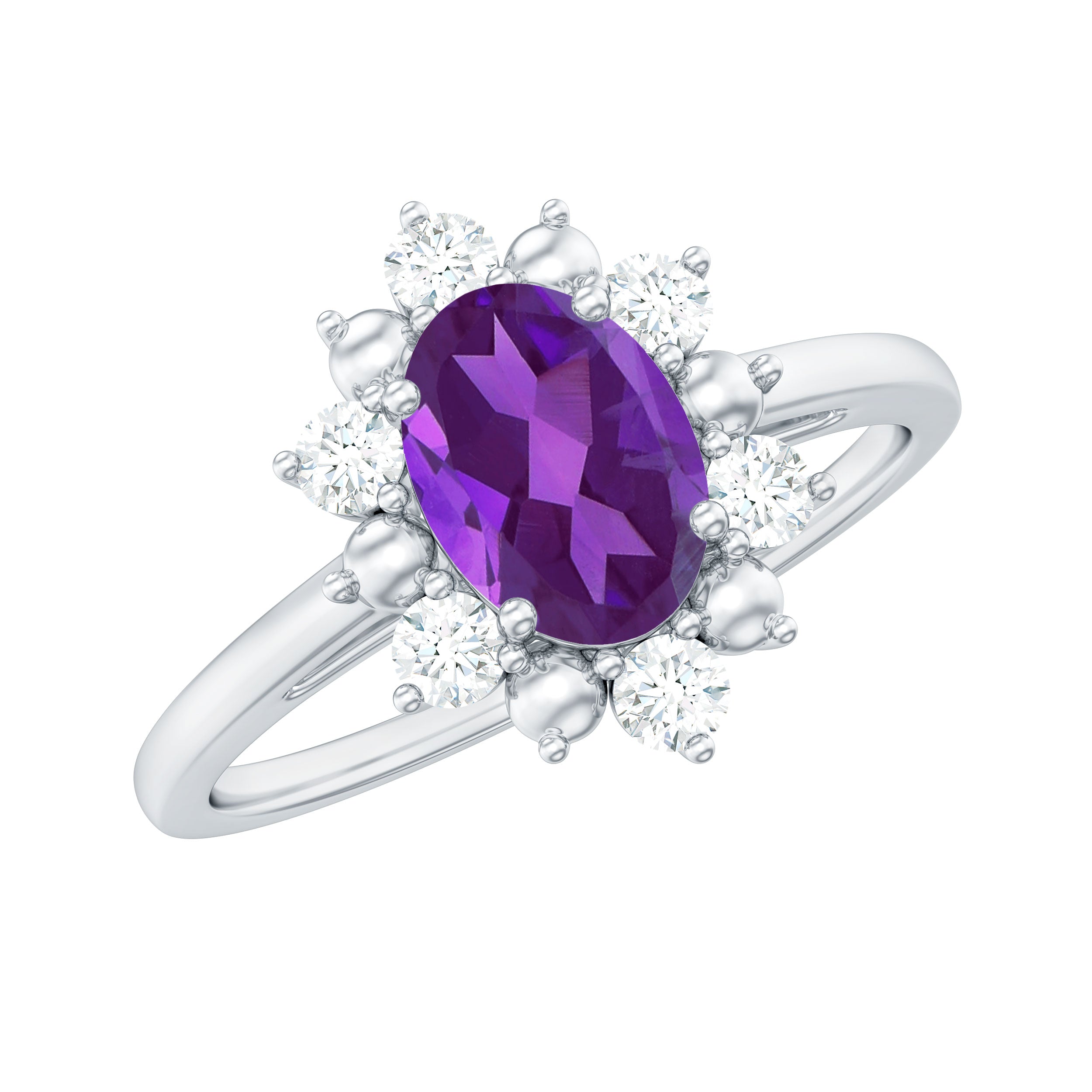 Rosec Jewels-Oval Amethyst Floral Halo Engagement Ring with Diamond