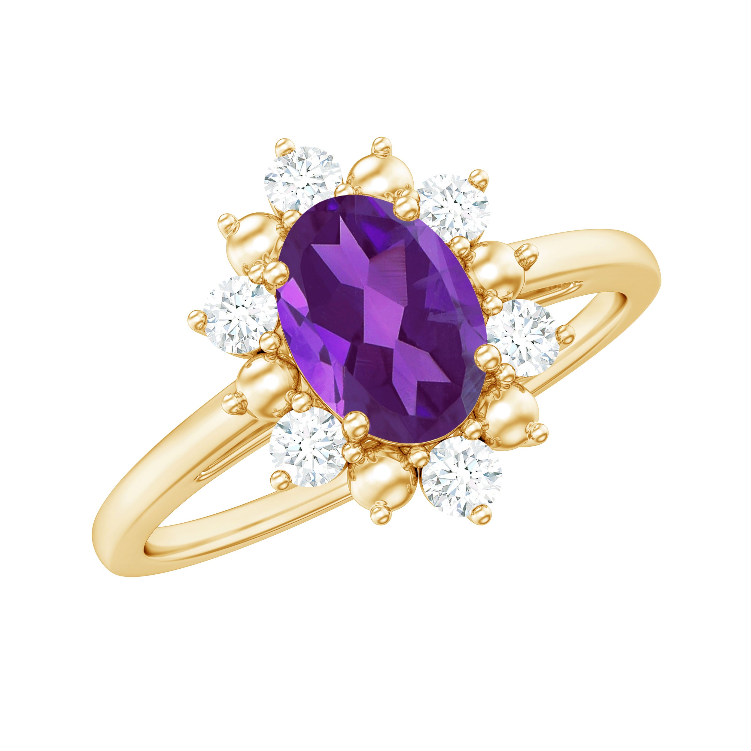 Rosec Jewels-Oval Amethyst Floral Halo Engagement Ring with Diamond