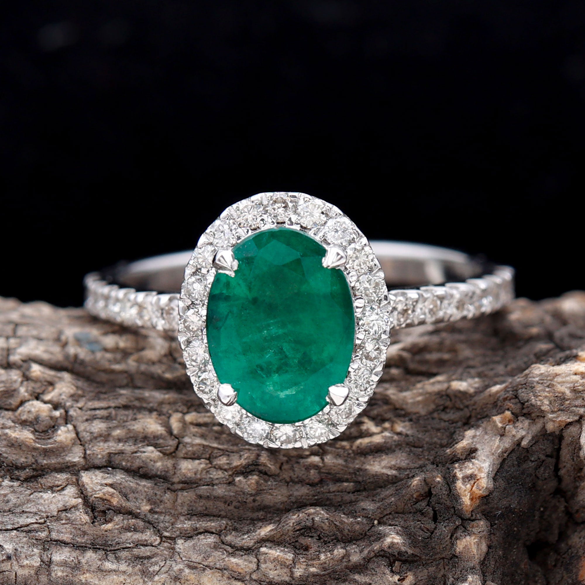 Rosec Jewels-Oval Emerald Halo Engagement Ring with Diamond