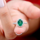 Rosec Jewels-Oval Emerald Halo Engagement Ring with Diamond