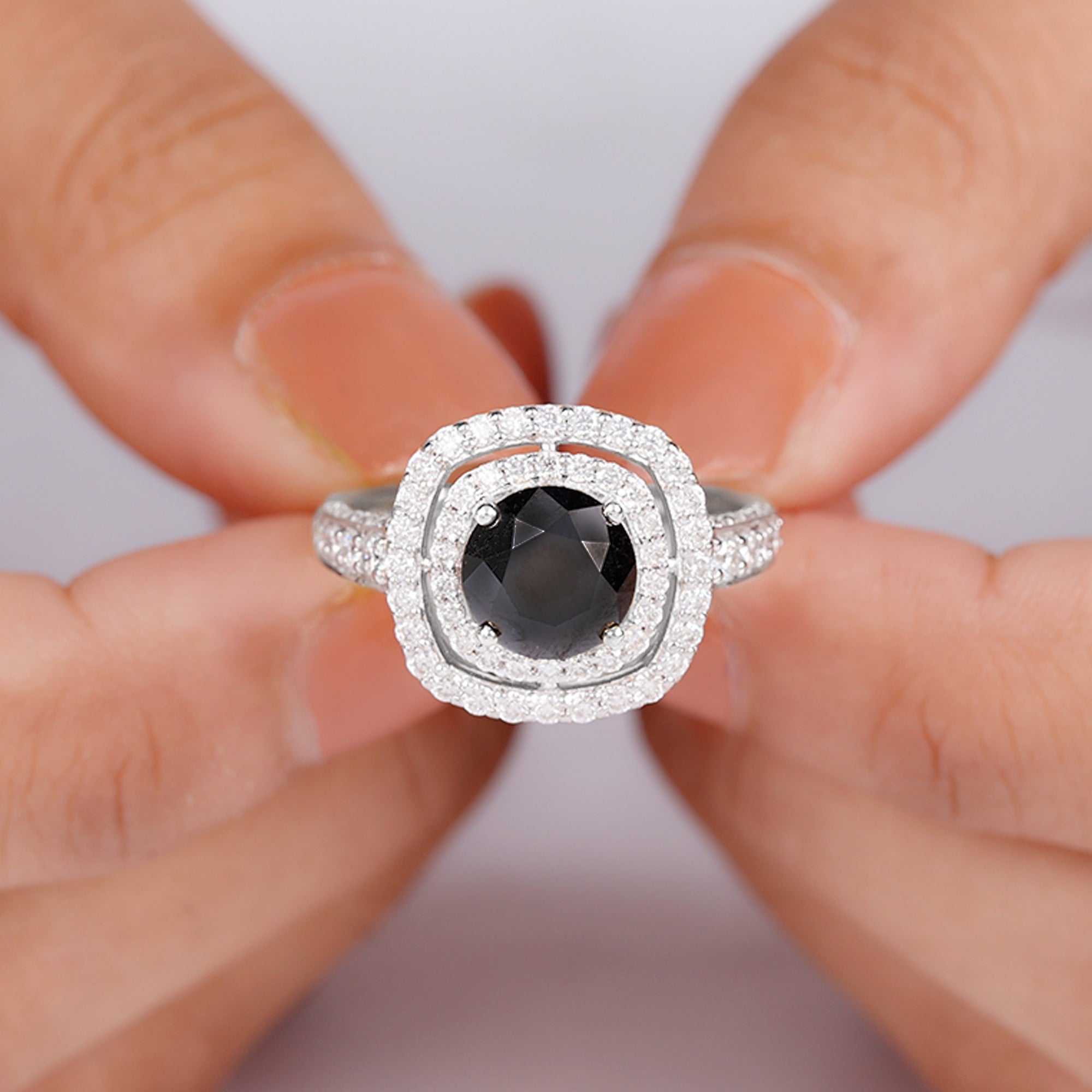 Rosec Jewels-Created Black Diamond Double Halo Engagement Ring with Moissanite