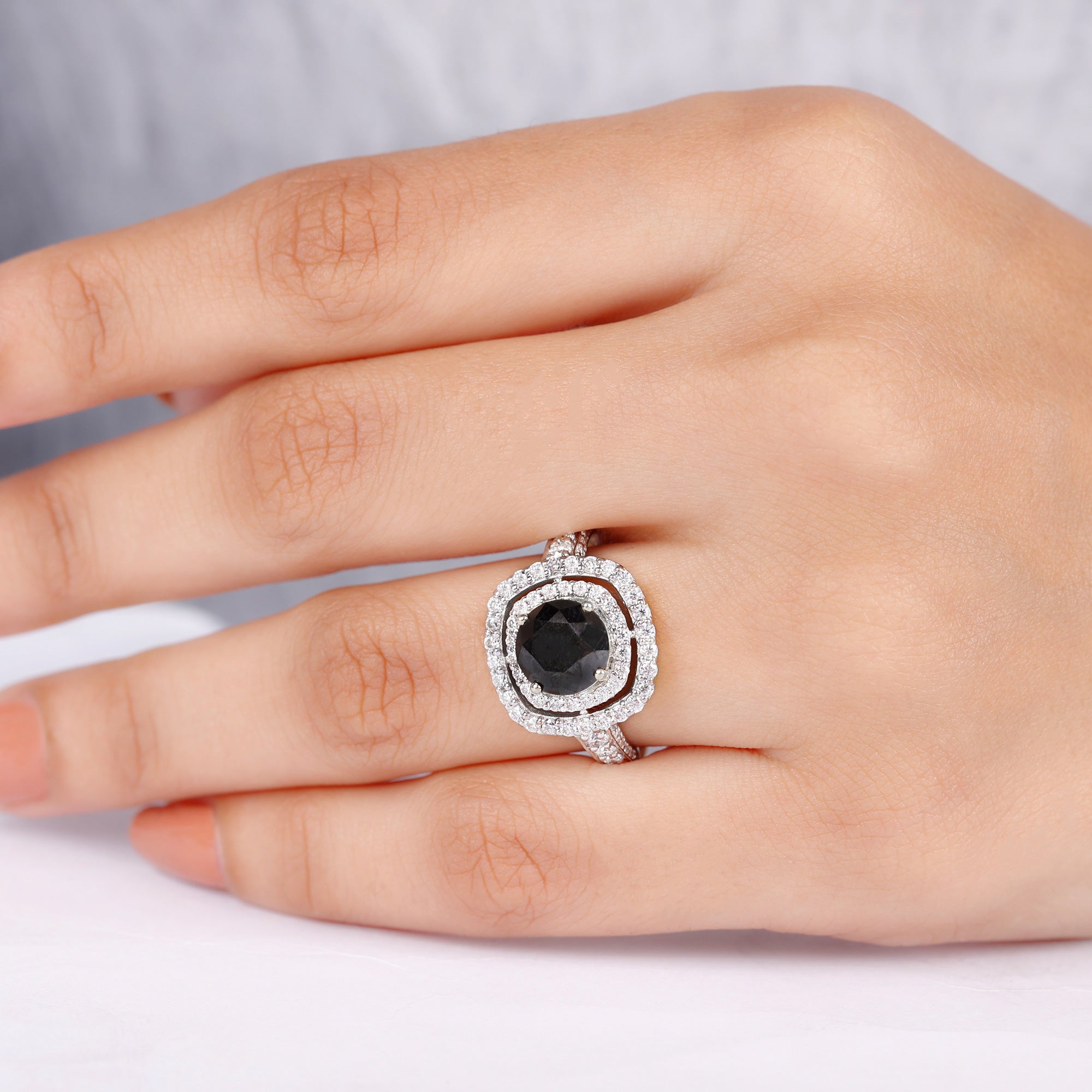 Rosec Jewels-Created Black Diamond Double Halo Engagement Ring with Moissanite