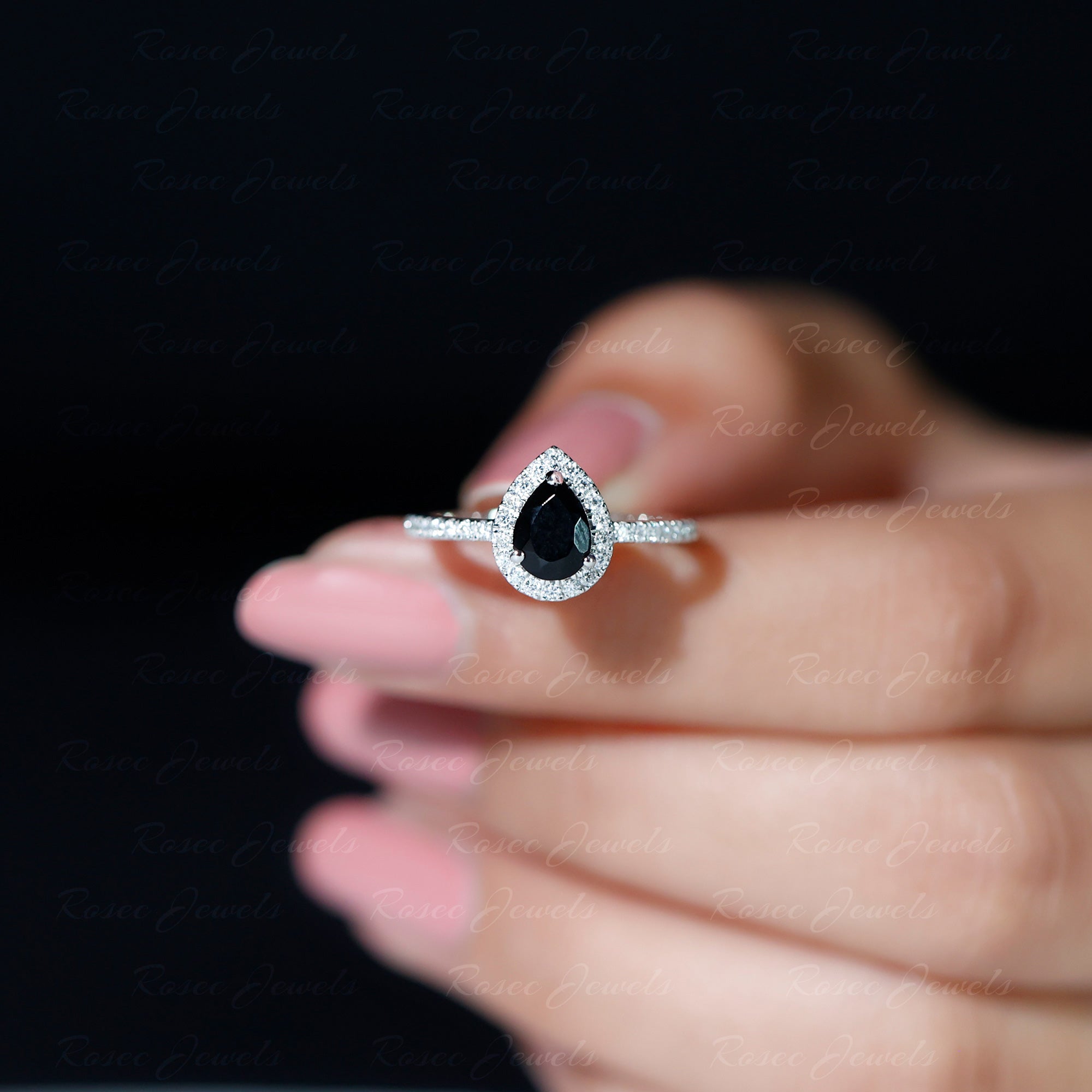 Rosec Jewels-Lab-Created Black Diamond Teardrop Engagement Ring with Diamond Halo