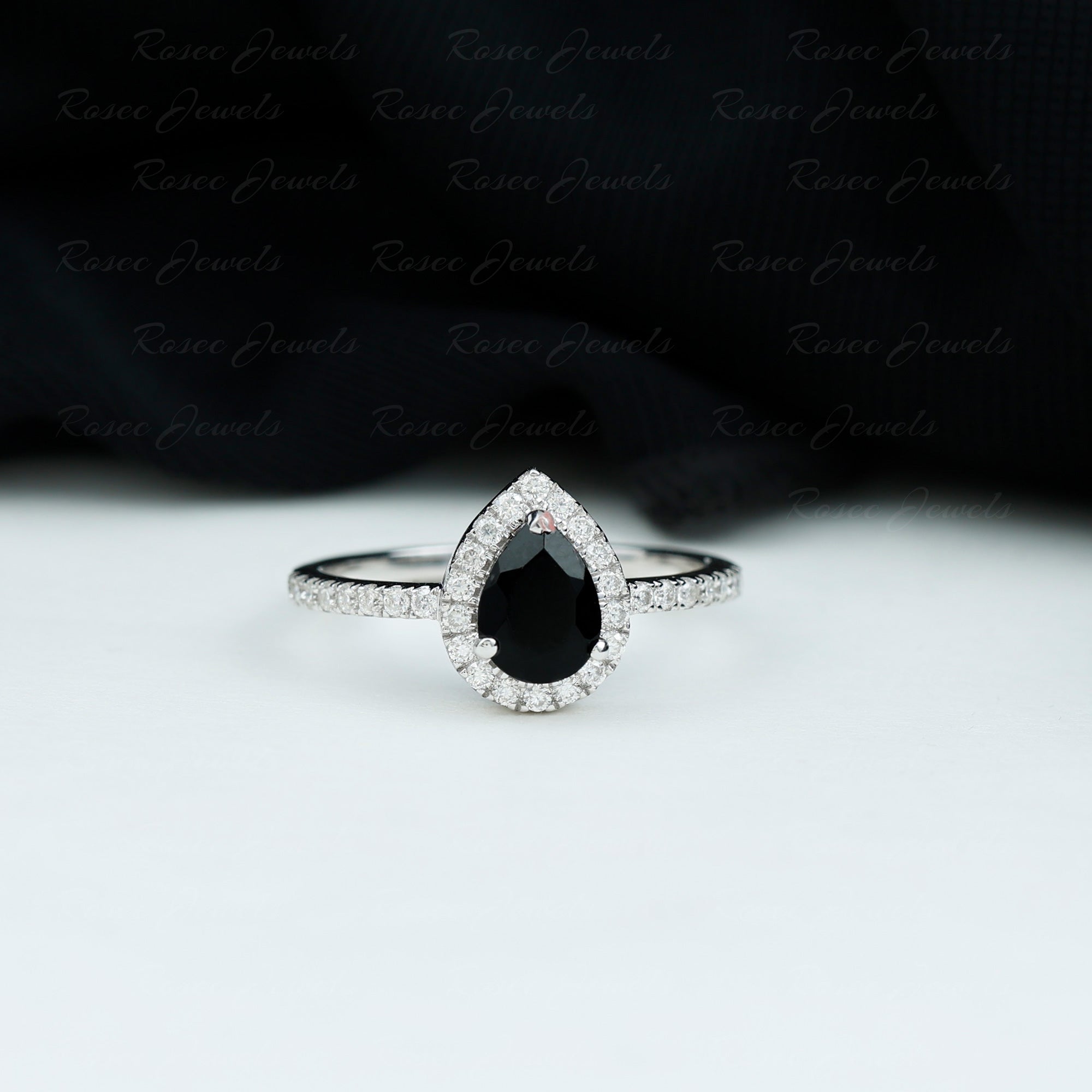 Rosec Jewels-Lab-Created Black Diamond Teardrop Engagement Ring with Diamond Halo