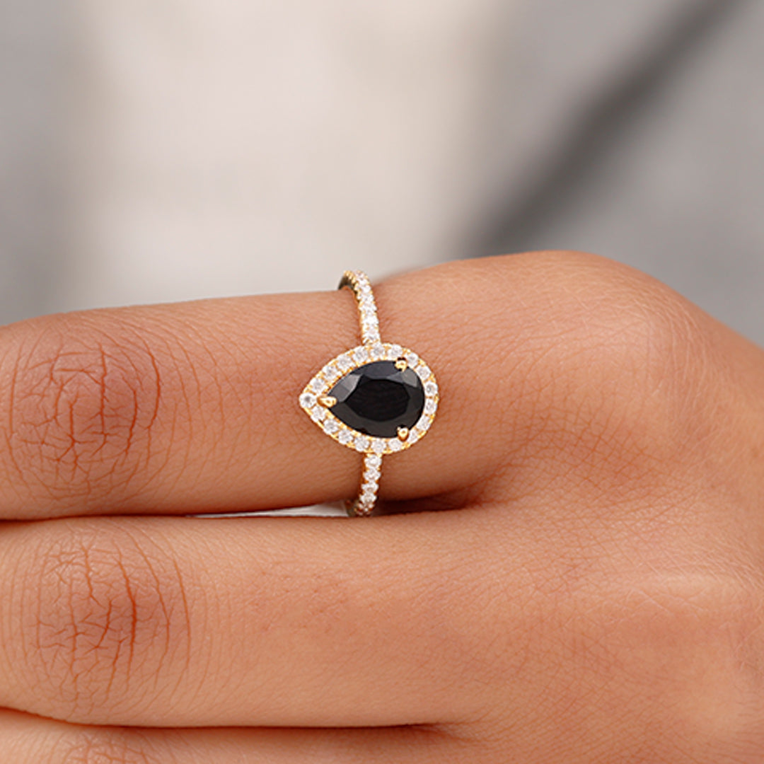 Rosec Jewels-Lab-Created Black Diamond Teardrop Engagement Ring with Diamond Halo