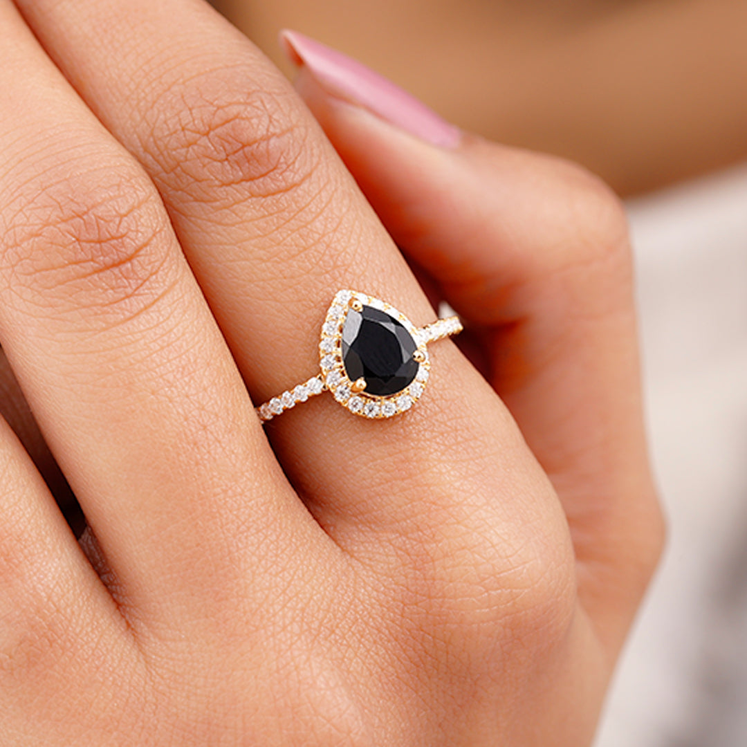 Rosec Jewels-Lab-Created Black Diamond Teardrop Engagement Ring with Diamond Halo