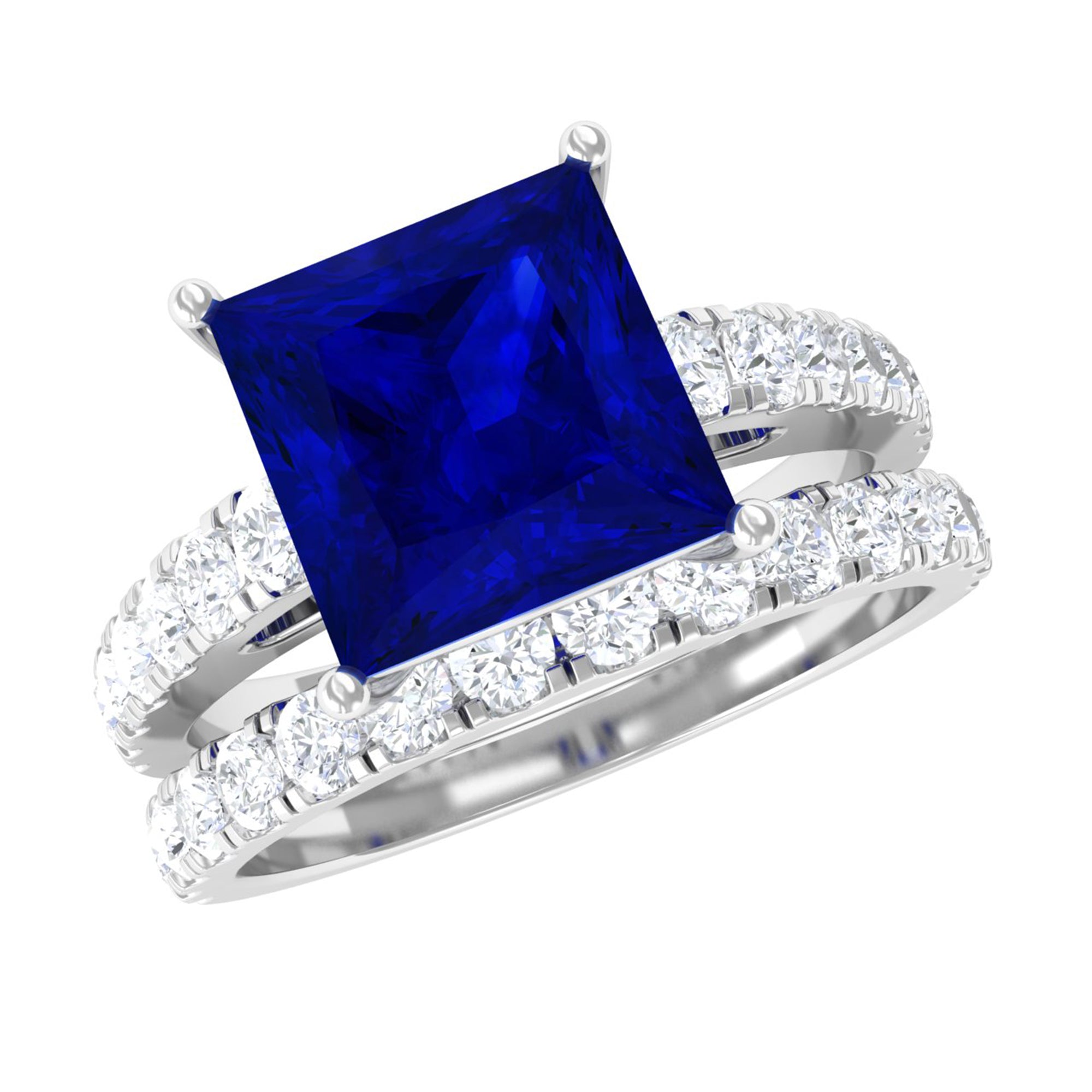 Rosec Jewels-Princess Cut Lab Grown Blue Sapphire Solitaire Ring Set with Moissanite