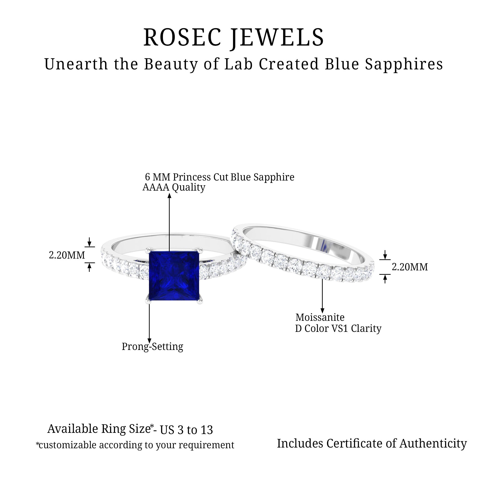 Rosec Jewels-Princess Cut Lab Grown Blue Sapphire Solitaire Ring Set with Moissanite