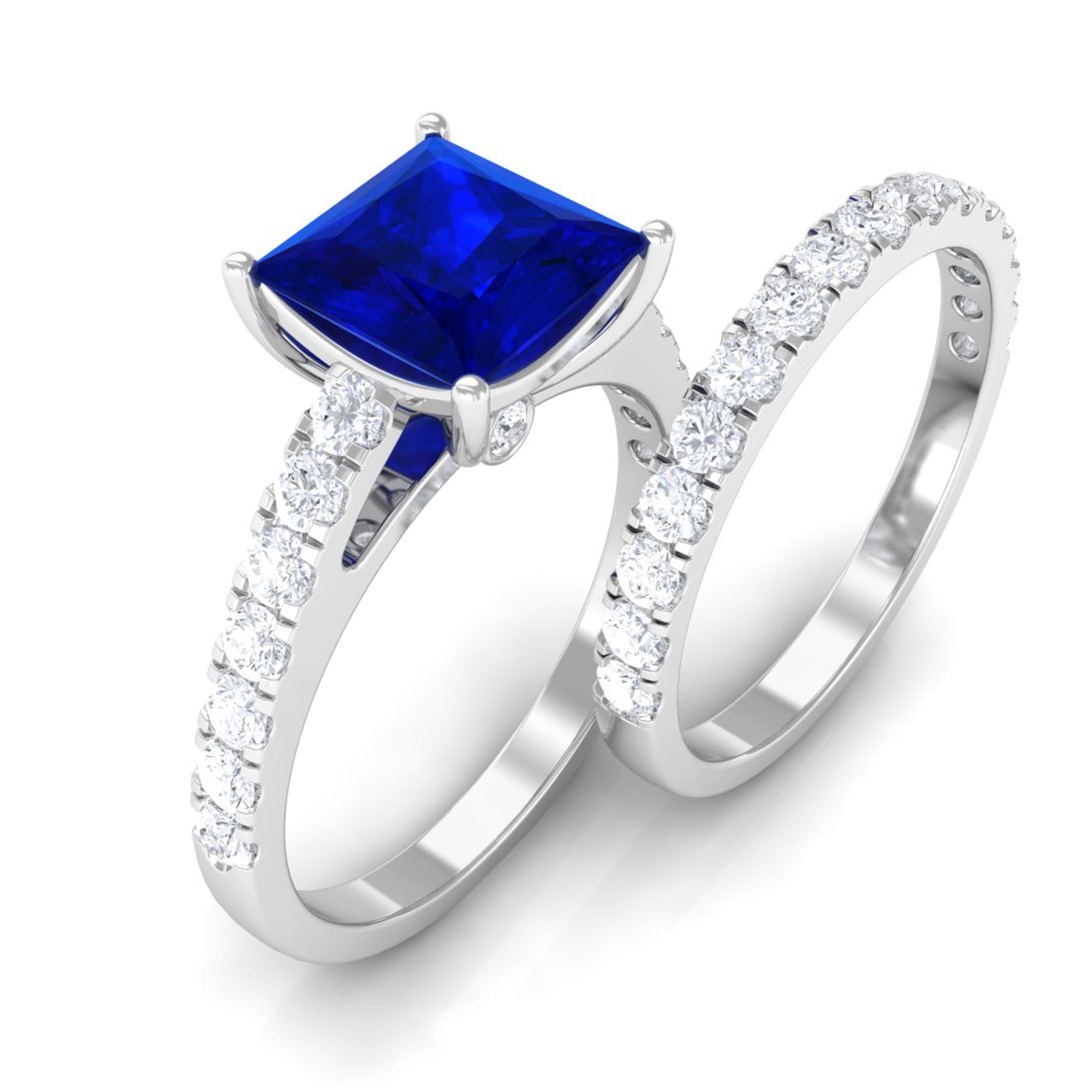 Rosec Jewels-Princess Cut Lab Grown Blue Sapphire Solitaire Ring Set with Moissanite