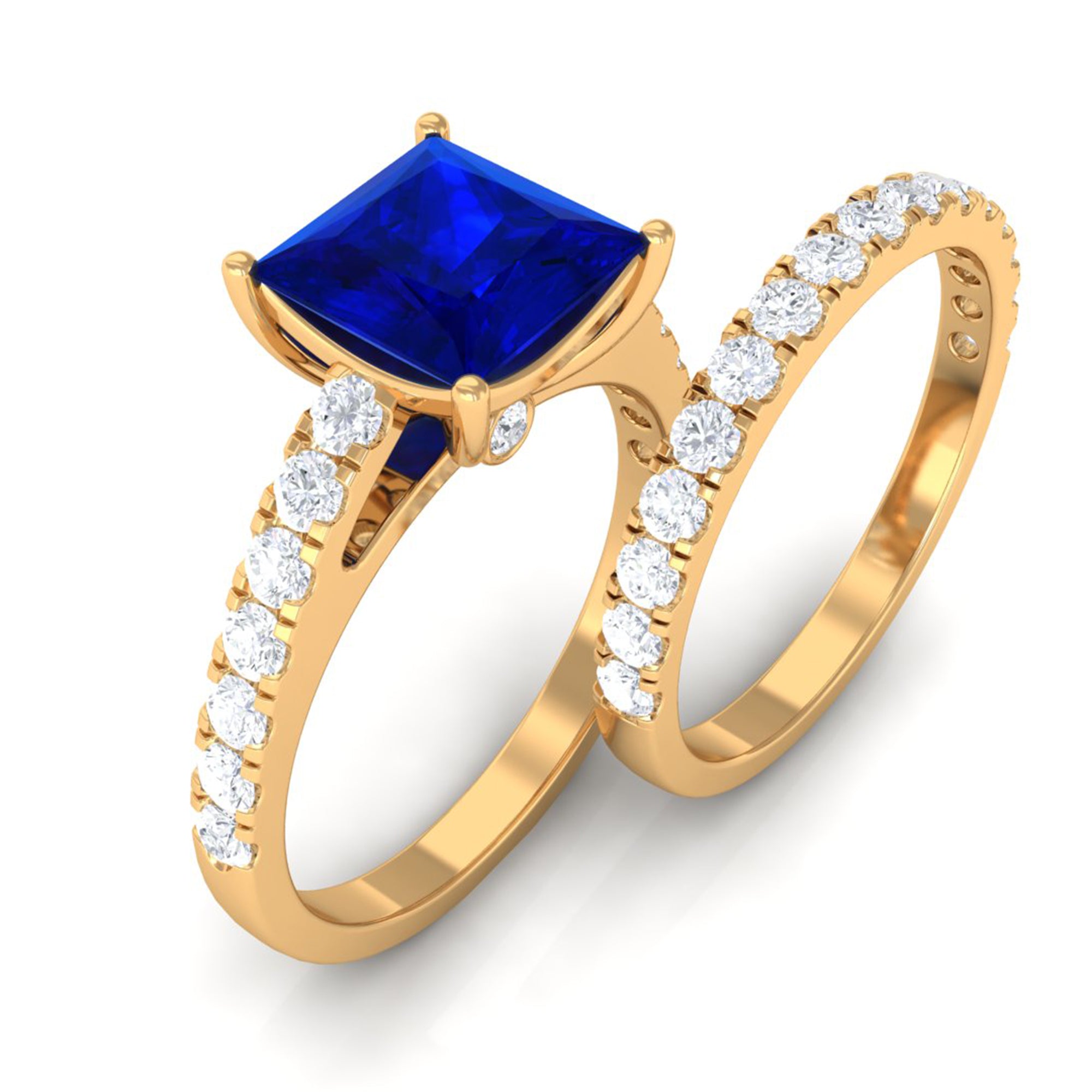 Rosec Jewels-Princess Cut Lab Grown Blue Sapphire Solitaire Ring Set with Moissanite