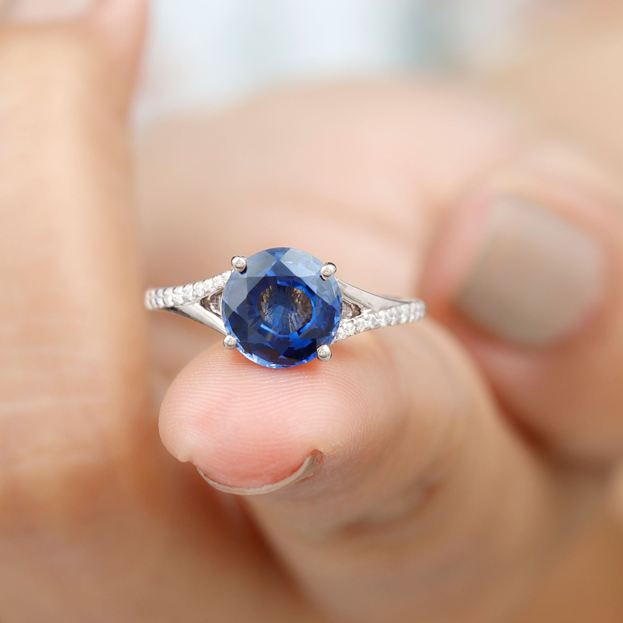 Rosec Jewels-Lab Grown Blue Sapphire Solitaire Engagement Ring with Diamond Split Shank