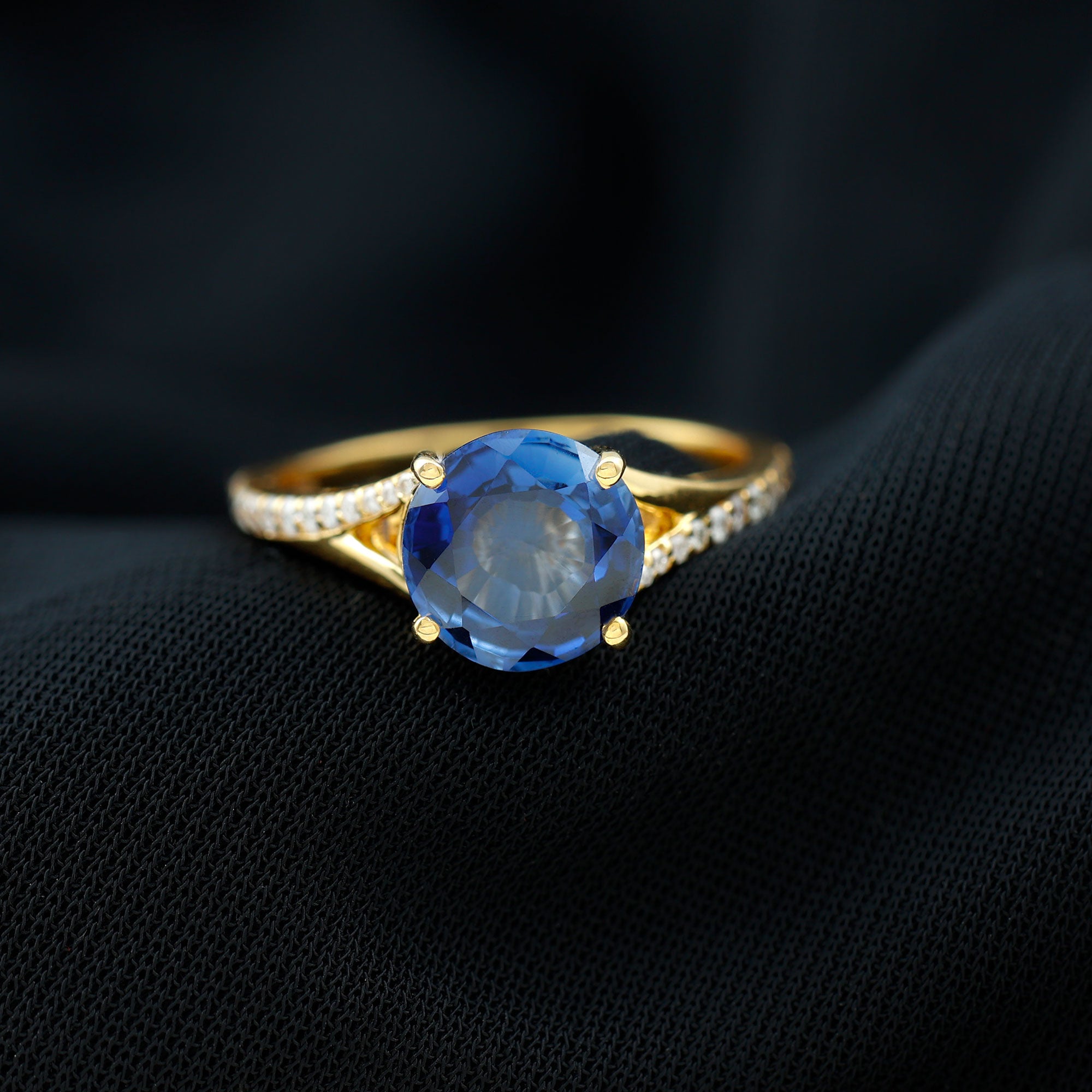 Rosec Jewels-Lab Grown Blue Sapphire Solitaire Engagement Ring with Diamond Split Shank