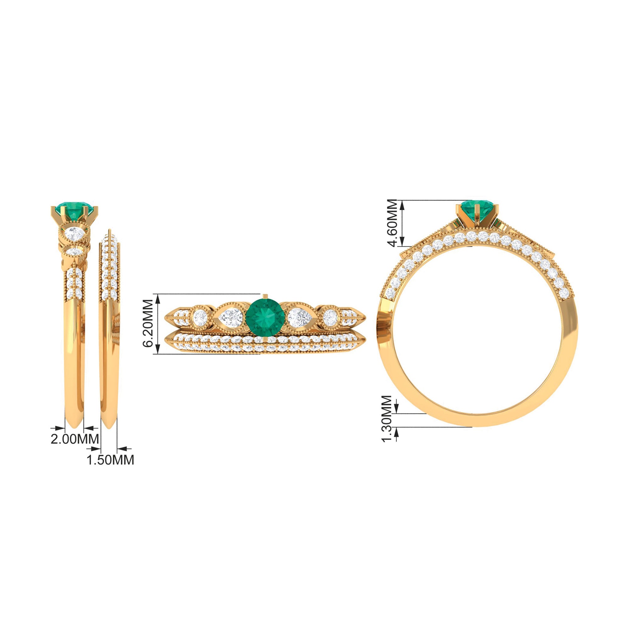 Rosec Jewels-Vintage Inspired Real Emerald Wedding Ring Set with Diamond