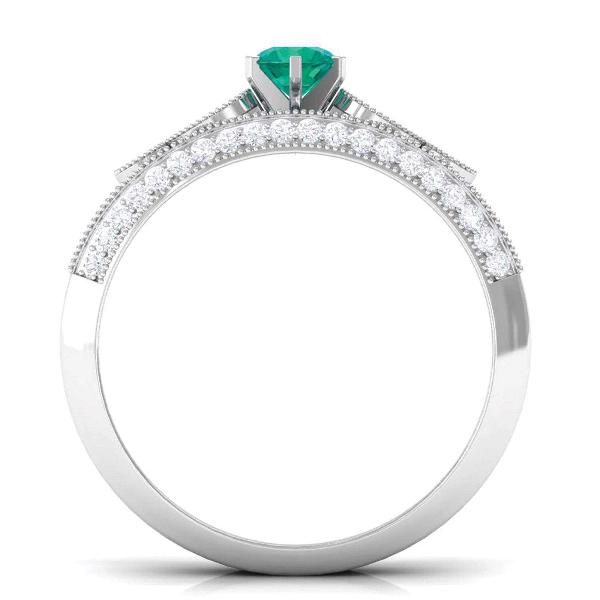 Rosec Jewels-Vintage Inspired Real Emerald Wedding Ring Set with Diamond