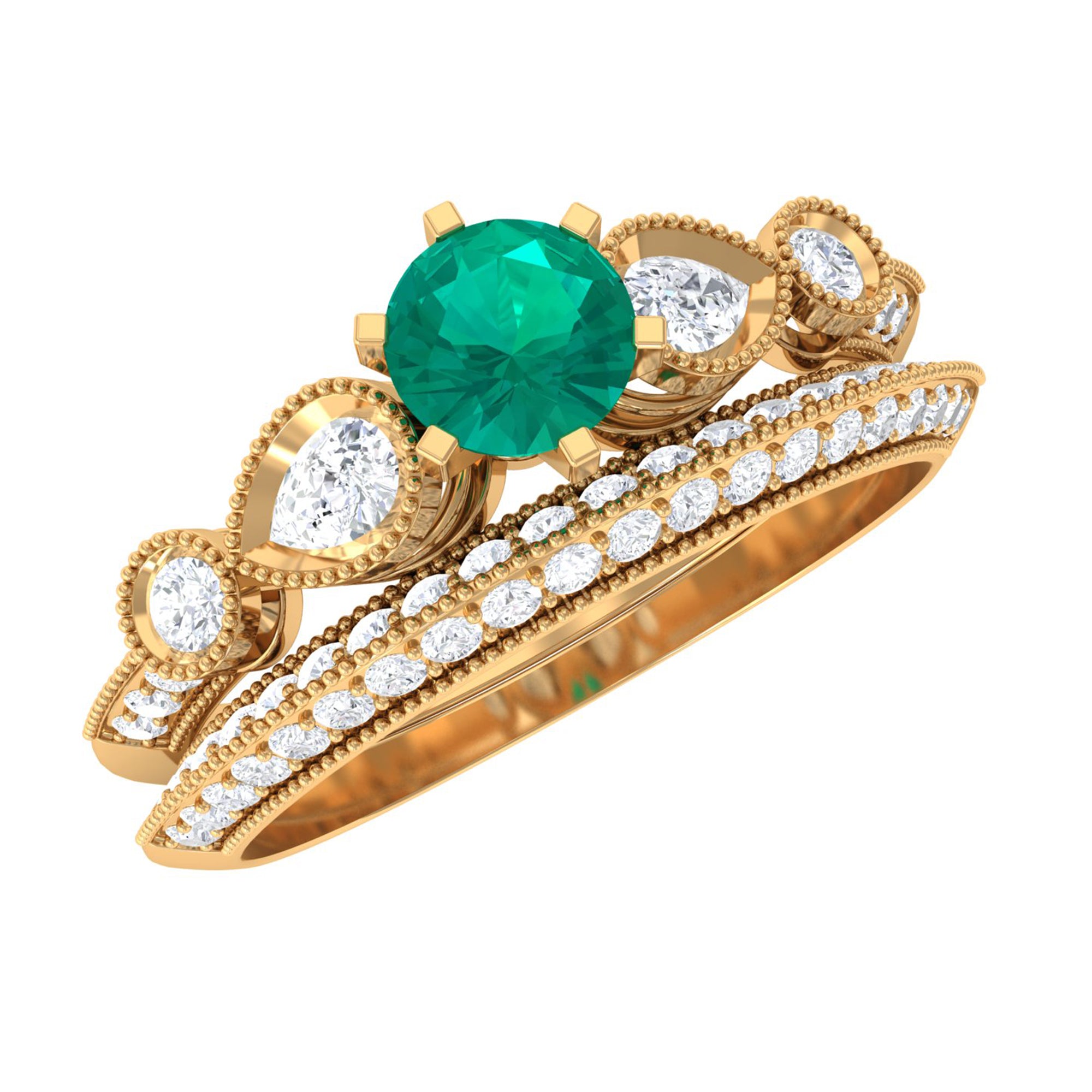 Rosec Jewels-Vintage Inspired Real Emerald Wedding Ring Set with Diamond