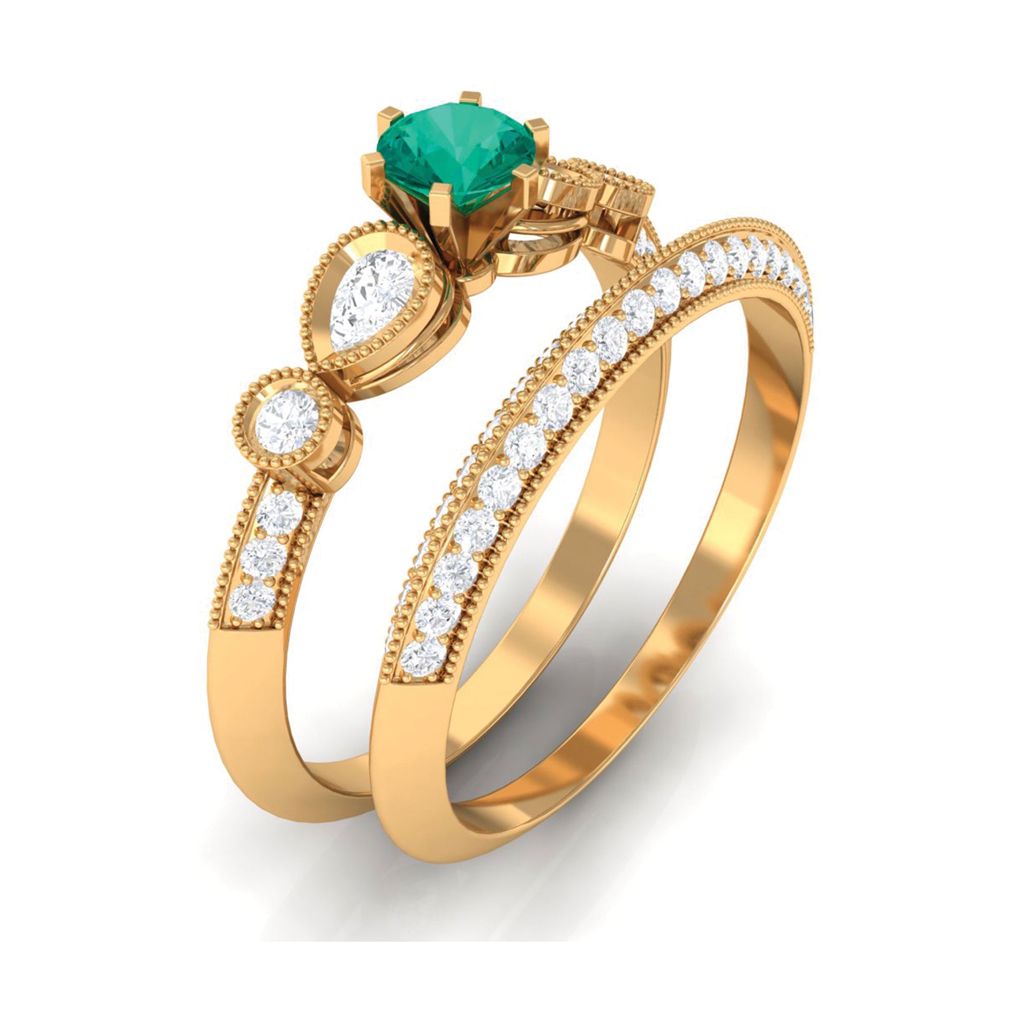 Rosec Jewels-Vintage Inspired Real Emerald Wedding Ring Set with Diamond