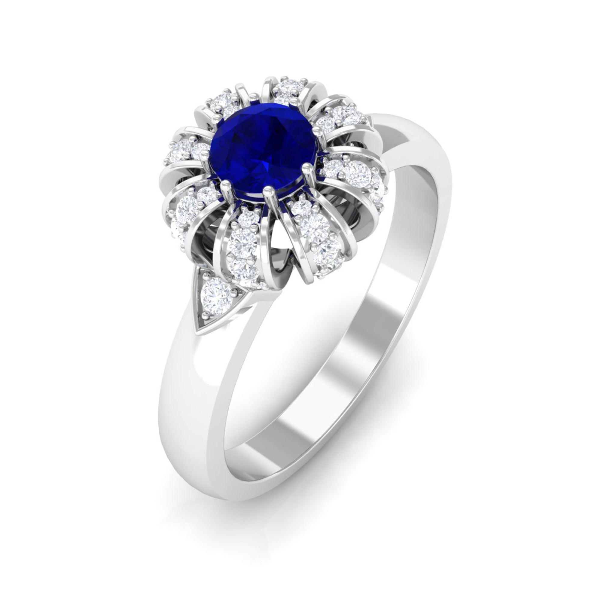 Rosec Jewels-Elegant Blue Sapphire and Diamond Flower Engagement Ring