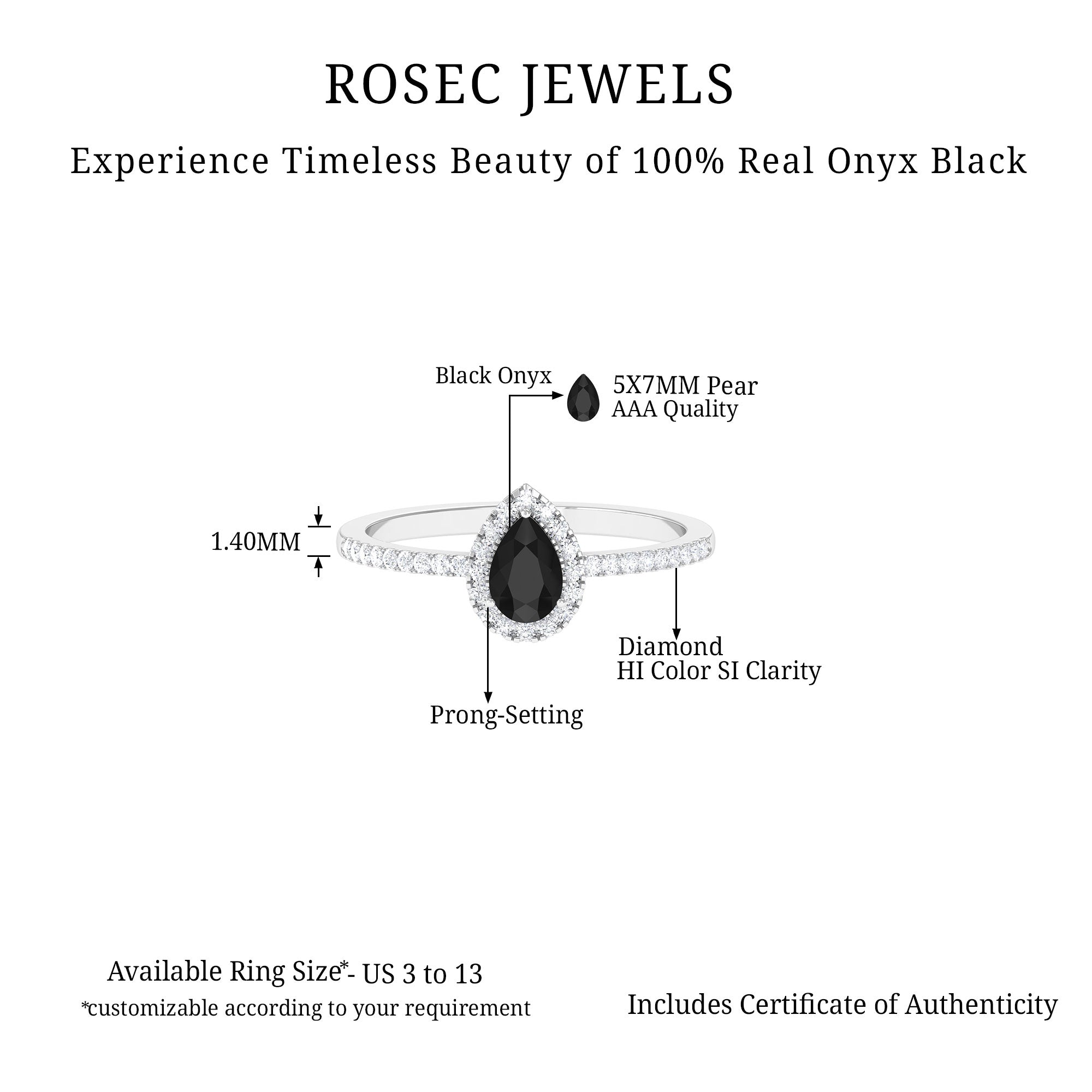 Rosec Jewels-Black Onyx Teardrop Engagement Ring with Diamond Halo