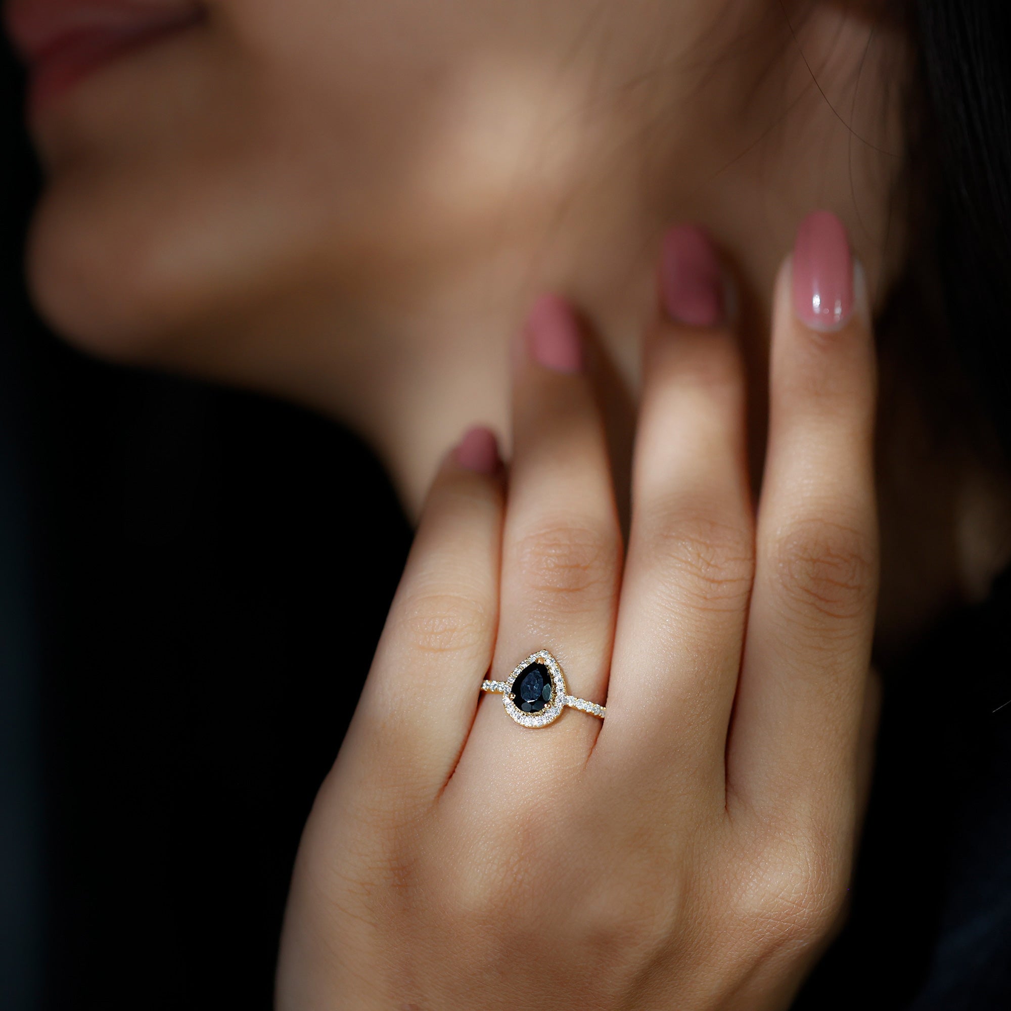 Rosec Jewels-Black Onyx Teardrop Engagement Ring with Diamond Halo