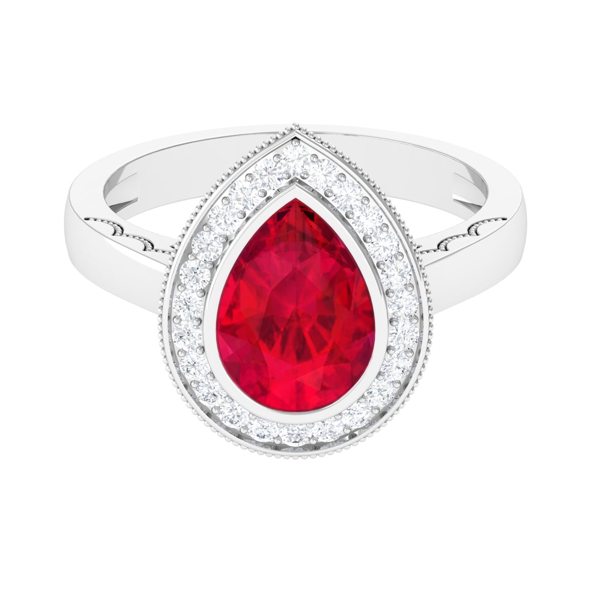 Rosec Jewels-Vintage Style Created Ruby Teardrop Engagement Ring with Diamond Halo