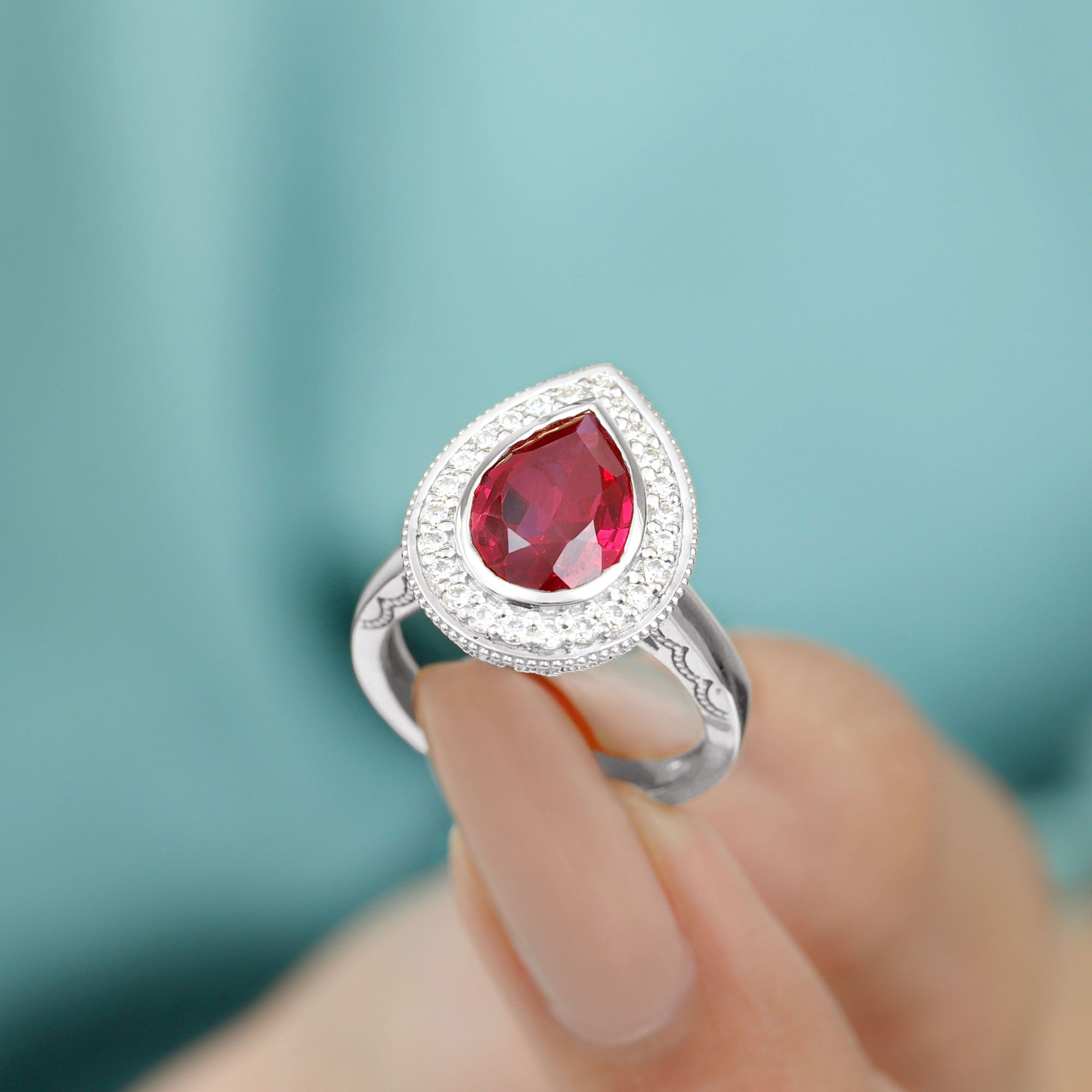 Rosec Jewels-Vintage Style Created Ruby Teardrop Engagement Ring with Diamond Halo