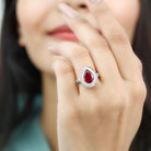 Rosec Jewels-Vintage Style Created Ruby Teardrop Engagement Ring with Diamond Halo