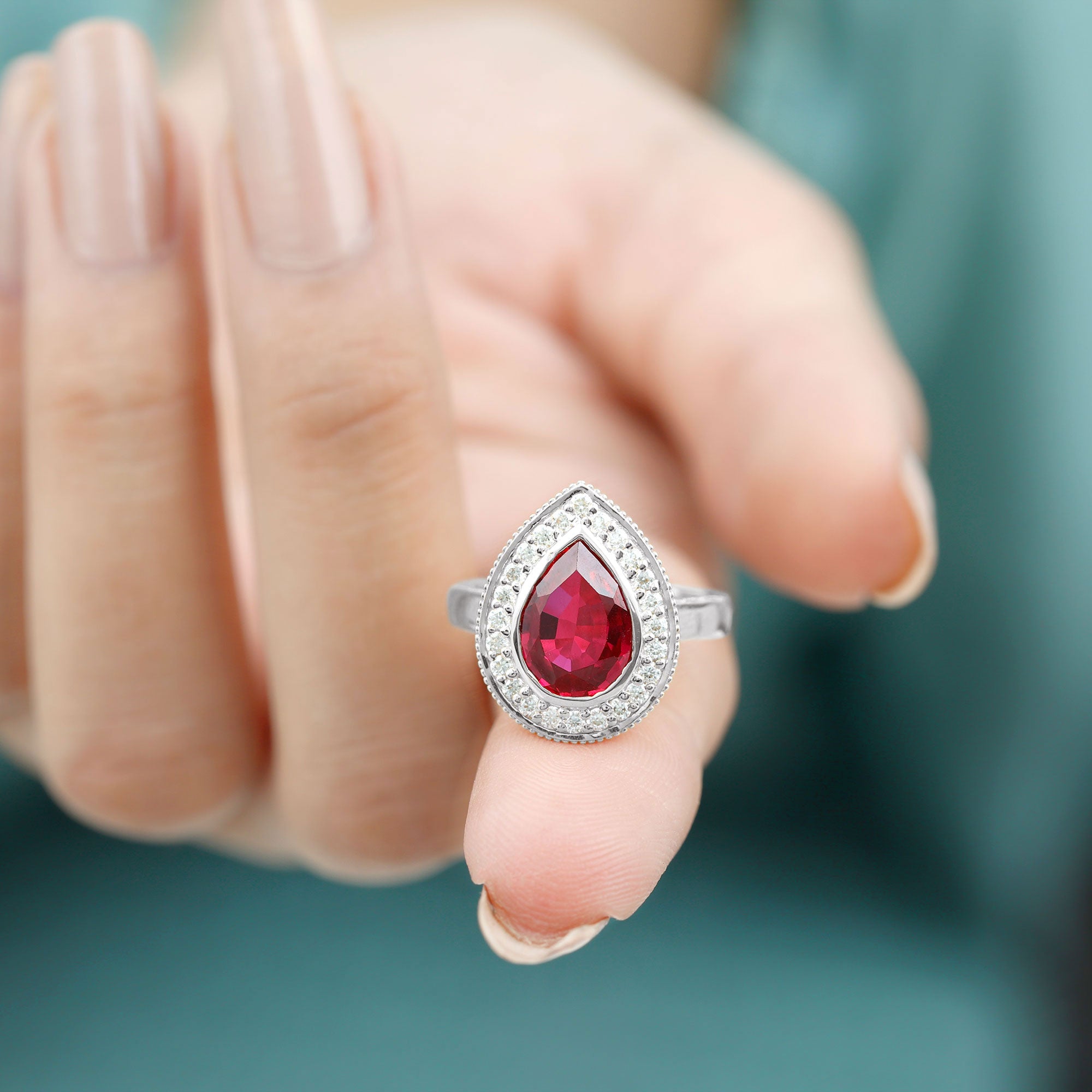 Rosec Jewels-Vintage Style Created Ruby Teardrop Engagement Ring with Diamond Halo