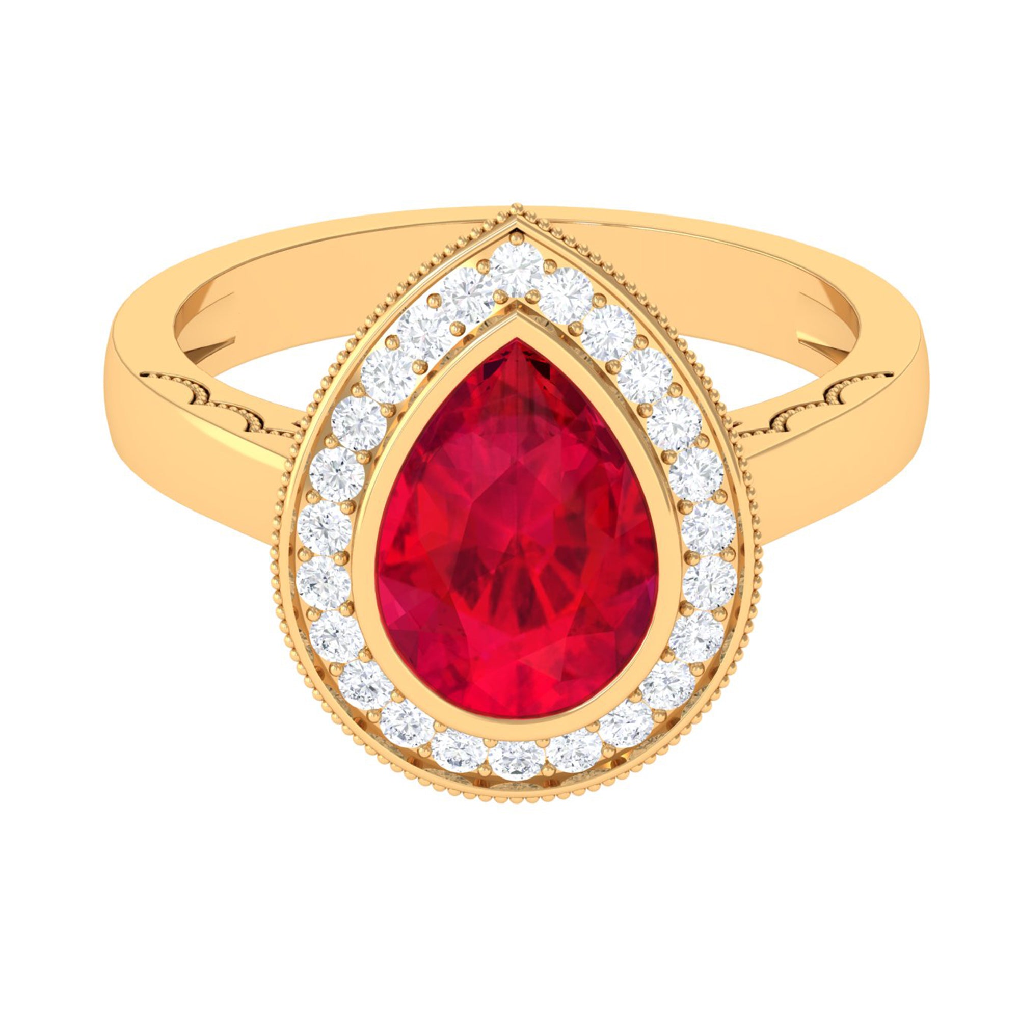 Rosec Jewels-Vintage Style Created Ruby Teardrop Engagement Ring with Diamond Halo