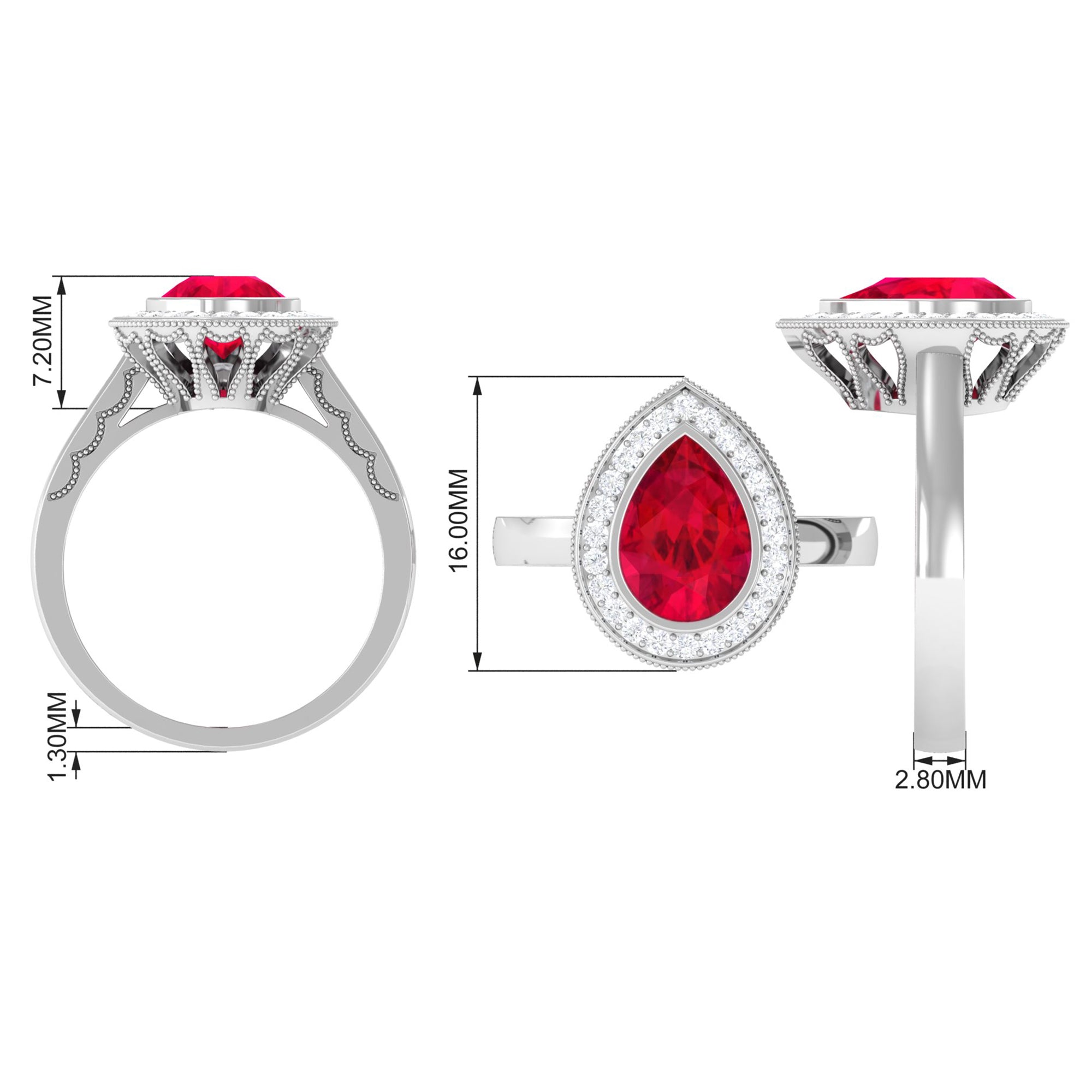 Rosec Jewels-Vintage Style Created Ruby Teardrop Engagement Ring with Diamond Halo