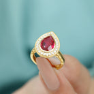 Rosec Jewels-Vintage Style Created Ruby Teardrop Engagement Ring with Diamond Halo