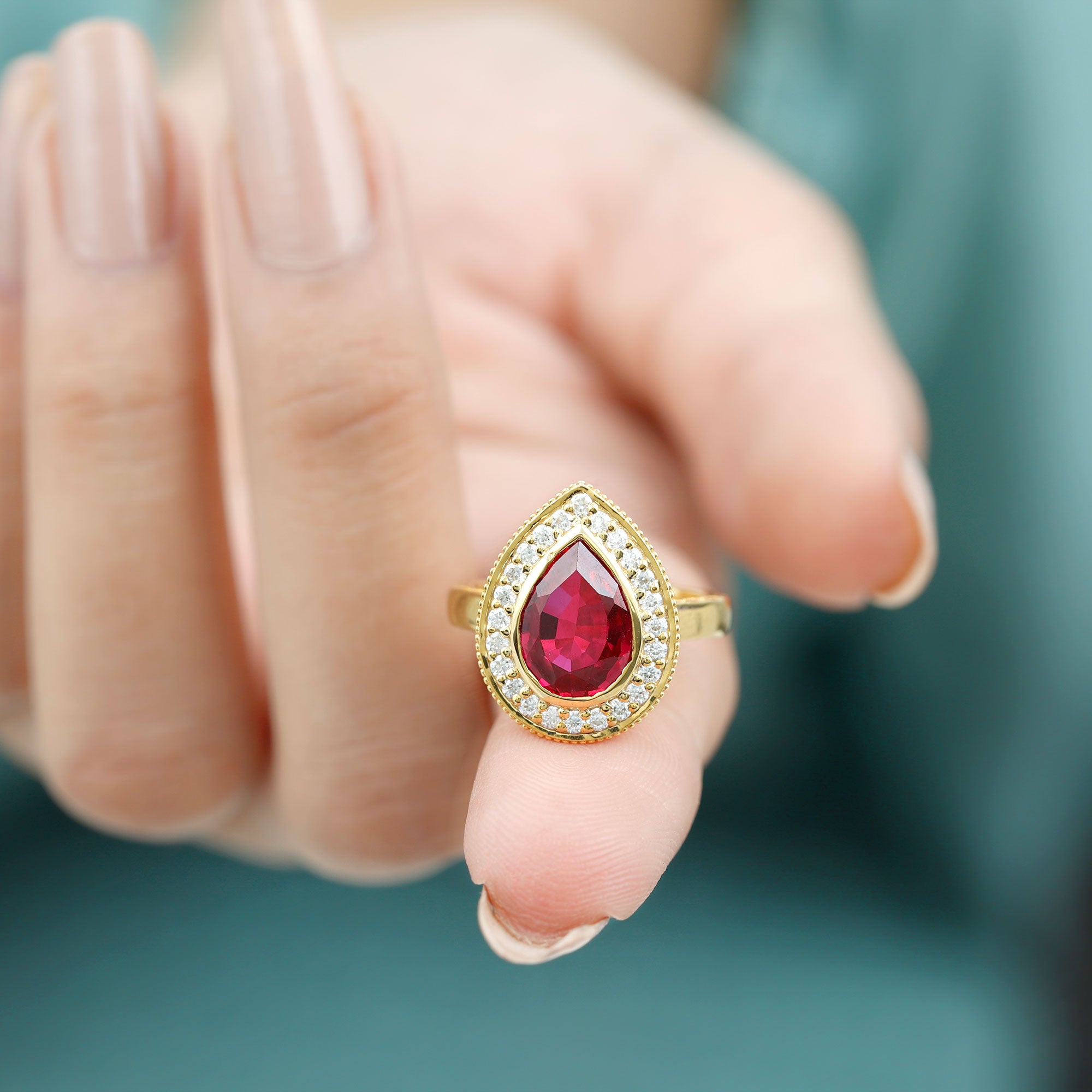 Rosec Jewels-Vintage Style Created Ruby Teardrop Engagement Ring with Diamond Halo